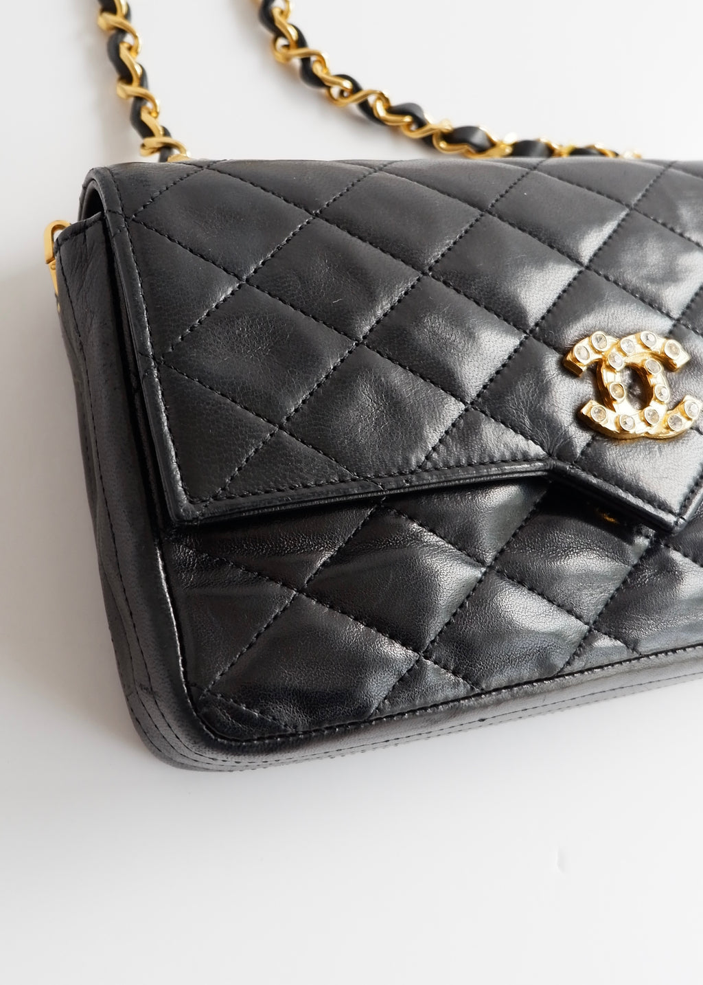 Authentic Preowned Vintage Chanel Black Lambskin Quilted Single Flap Crystal CC Logo Bag GHW