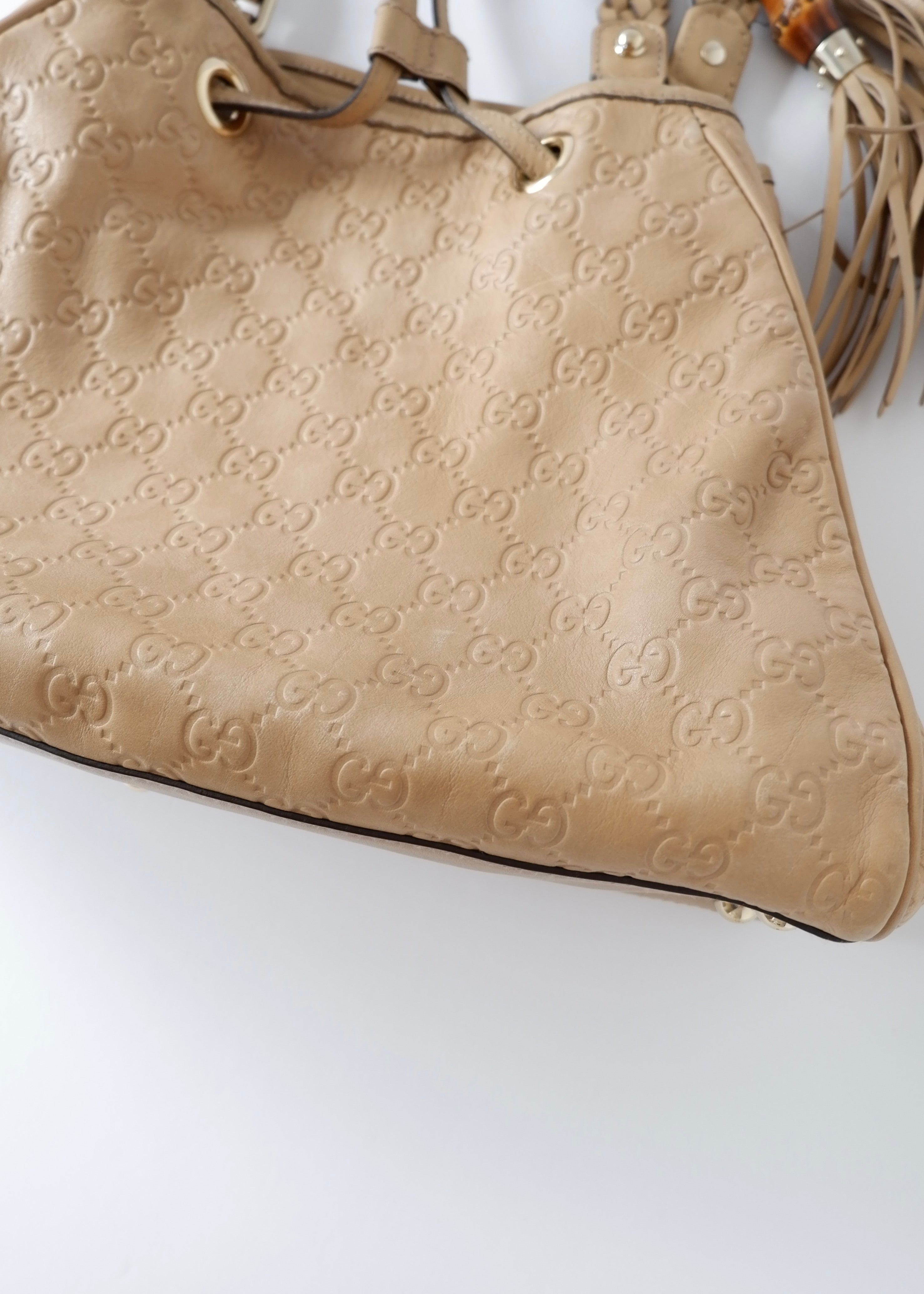 Authentic Preowned Gucci Beige Leagther Guccissima Peggy Tassel Shoulder Bag