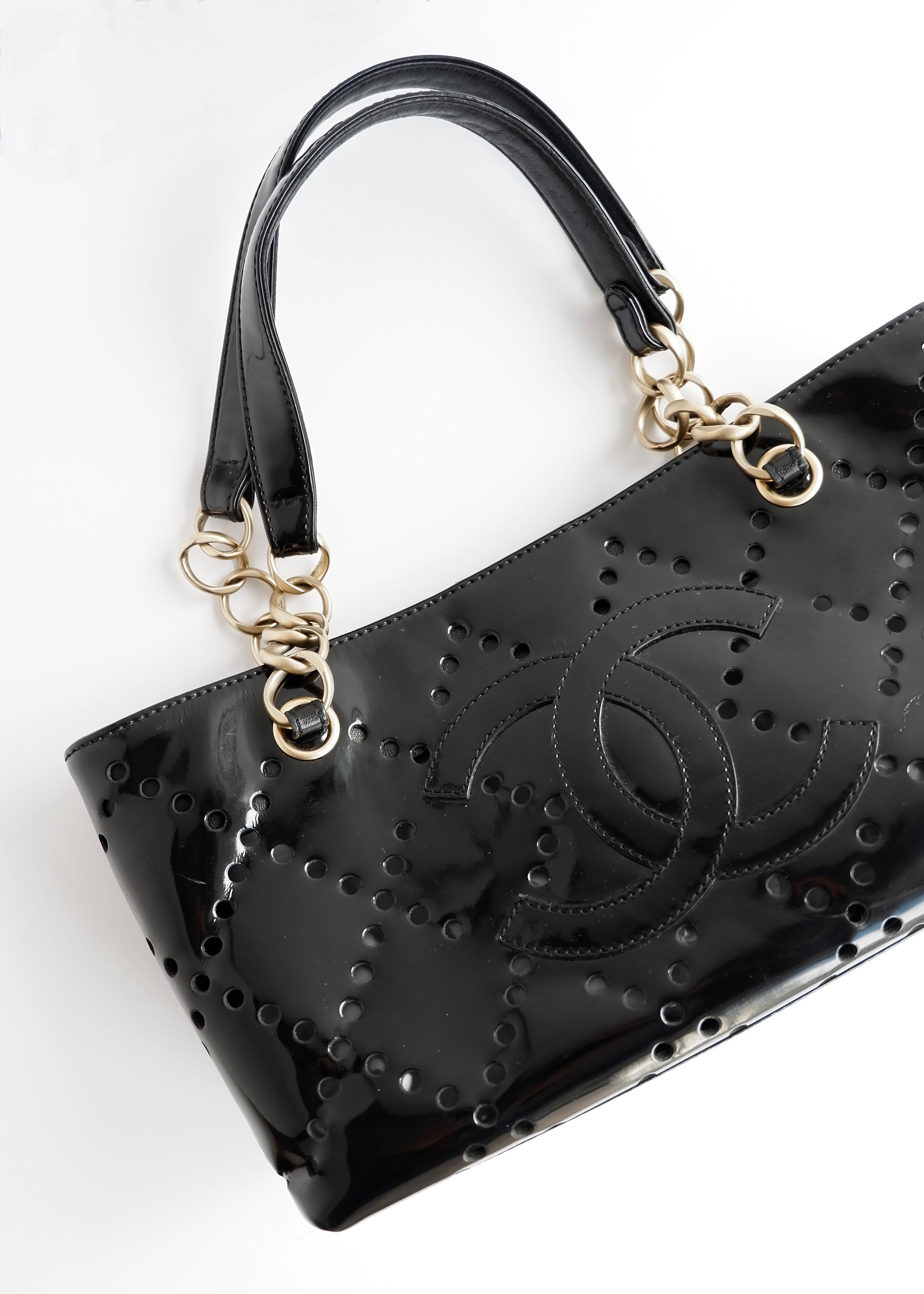 Authentic Preowned Chanel Black Patent Perforated Leather CC Logo Shoulder Bag