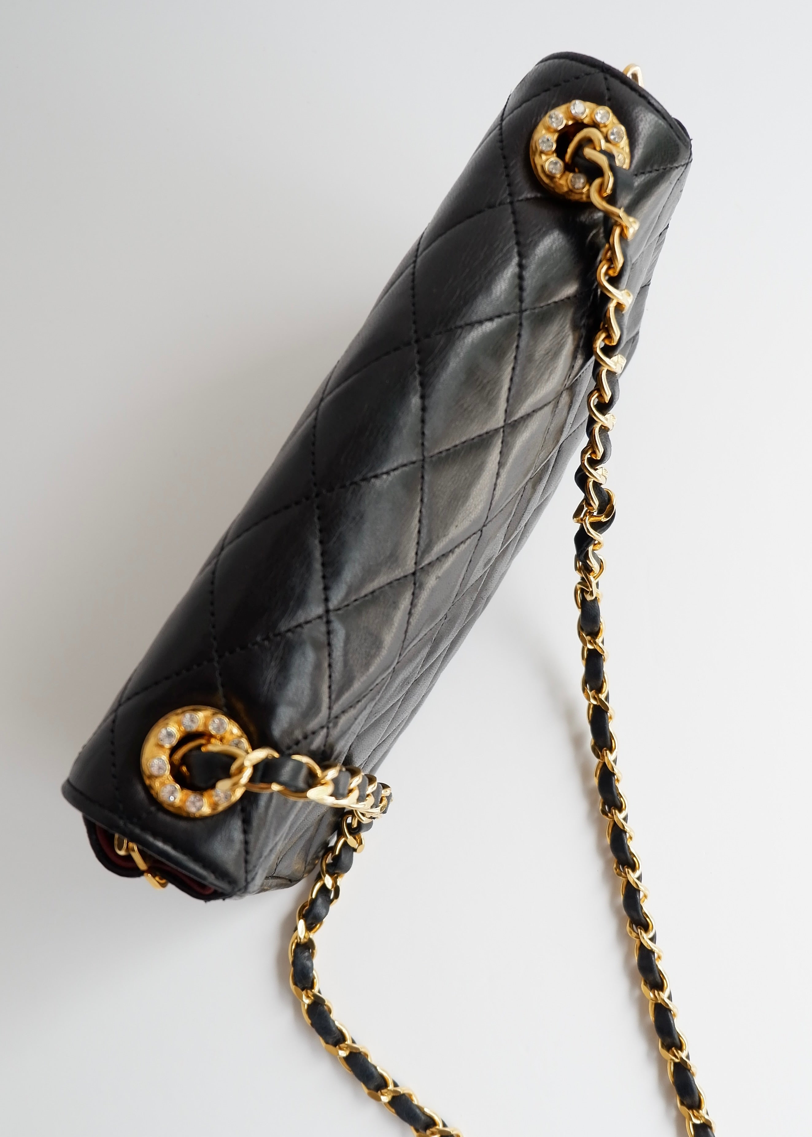 Authentic Preowned Vintage Chanel Black Lambskin Quilted Single Flap Crystal CC Logo Bag GHW