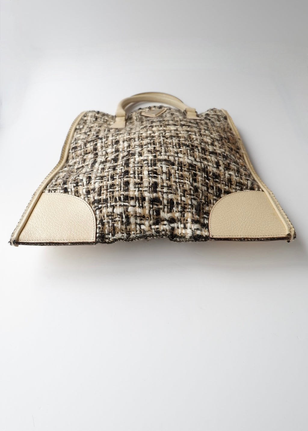 Preowned Prada Beige Tweed/ Leather Top Handle Bag