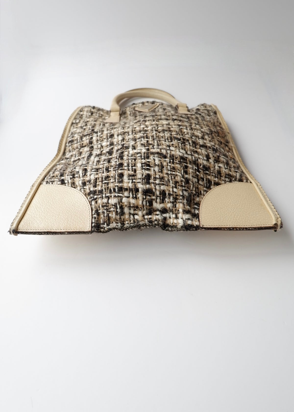 Preowned Prada Beige Tweed/ Leather Top Handle Bag