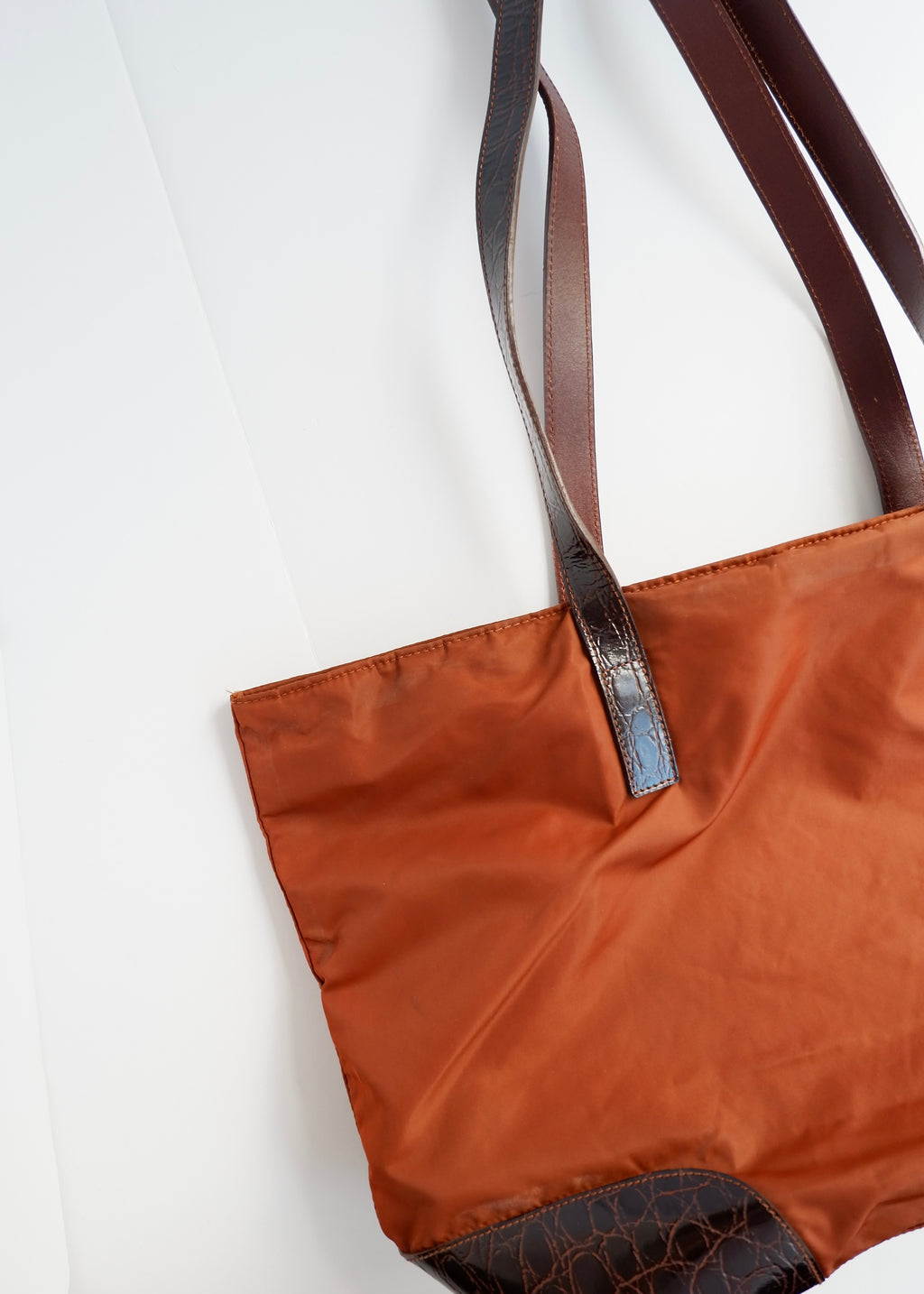 Preowned Prada Brown Nylon/ Patent Croc Long Strap Tote Bag