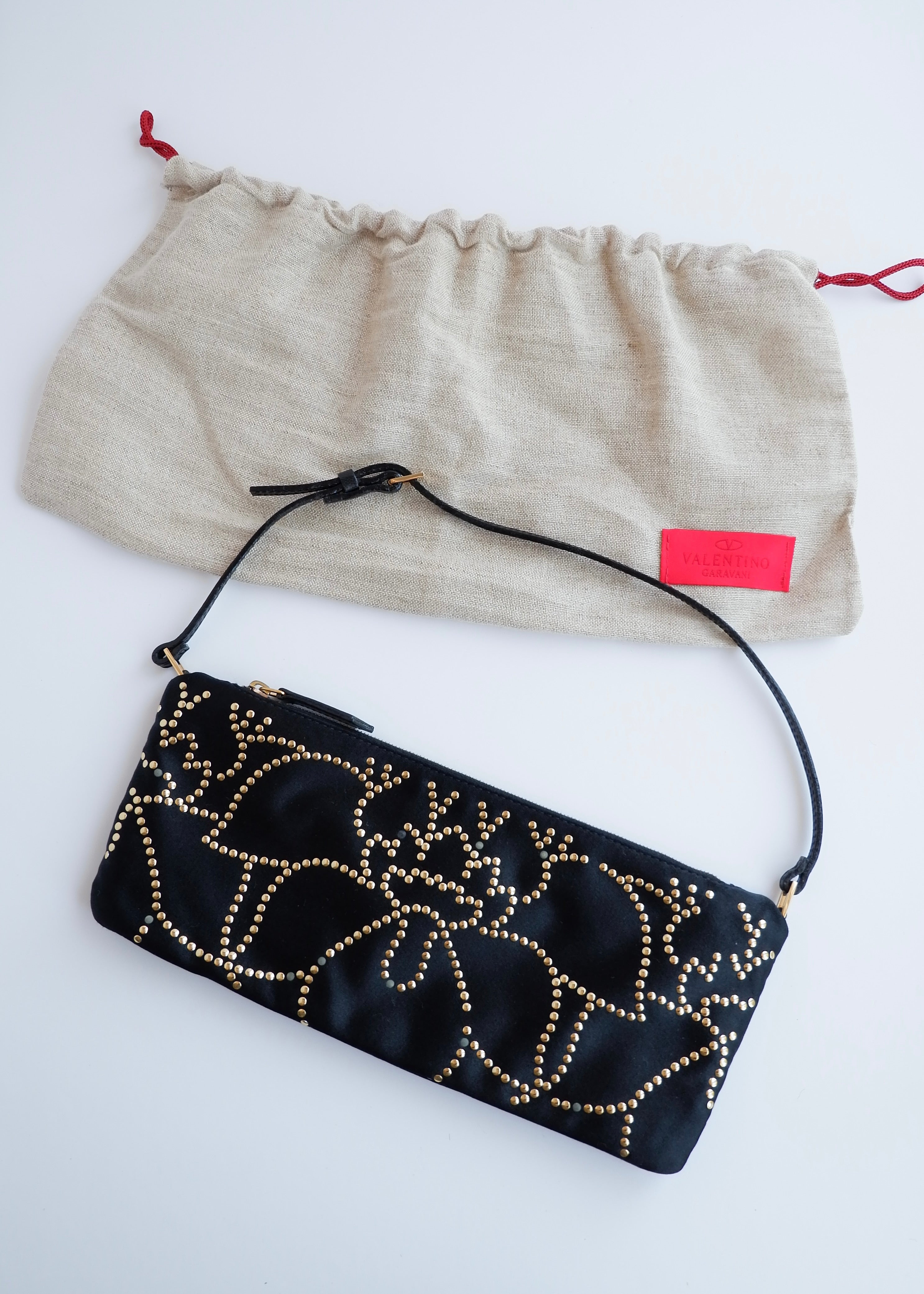Authentic Preowned Valentino Black Satin Gold Studded Shoulder Bag
