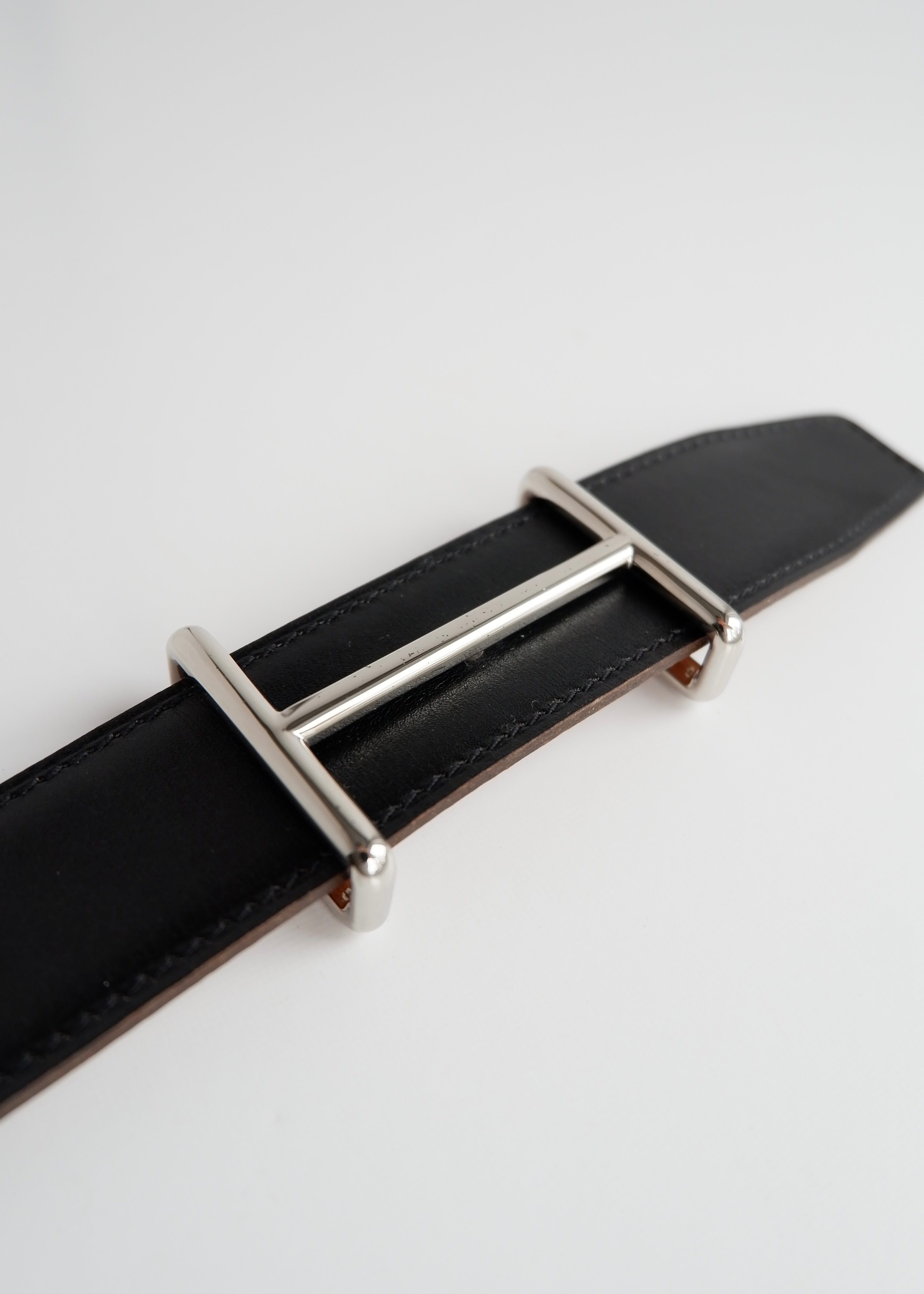 Ceinture réversible en cuir H Hermès noire/marron authentique d'occasion - 80