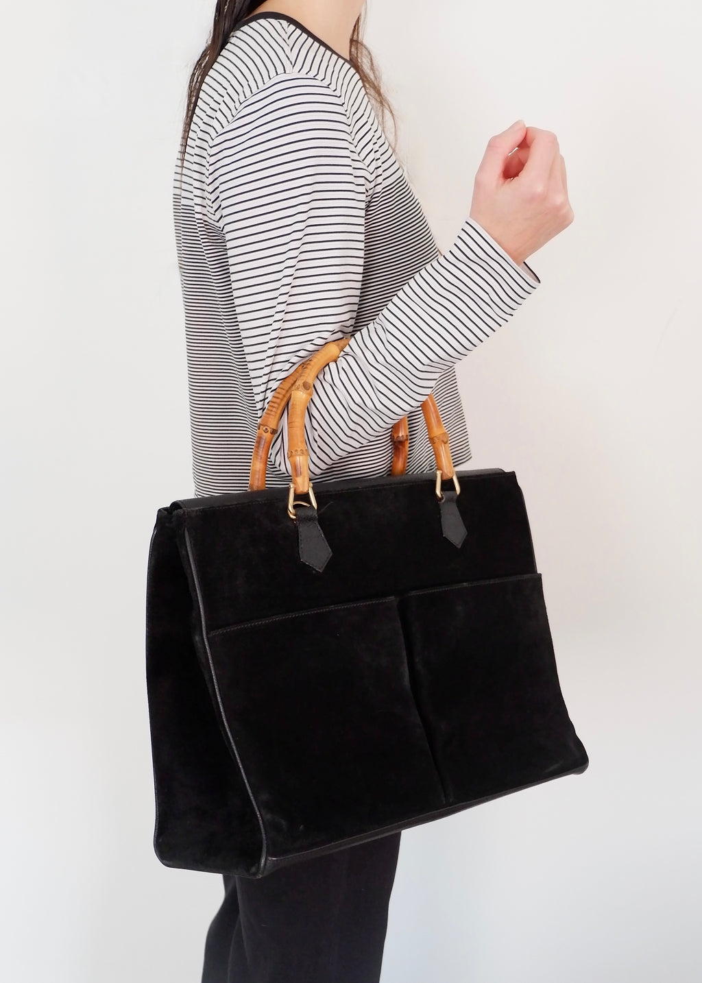 Authentic Preowned Vintage Gucci Black Suede/Leather Bamboo Two Way Tote