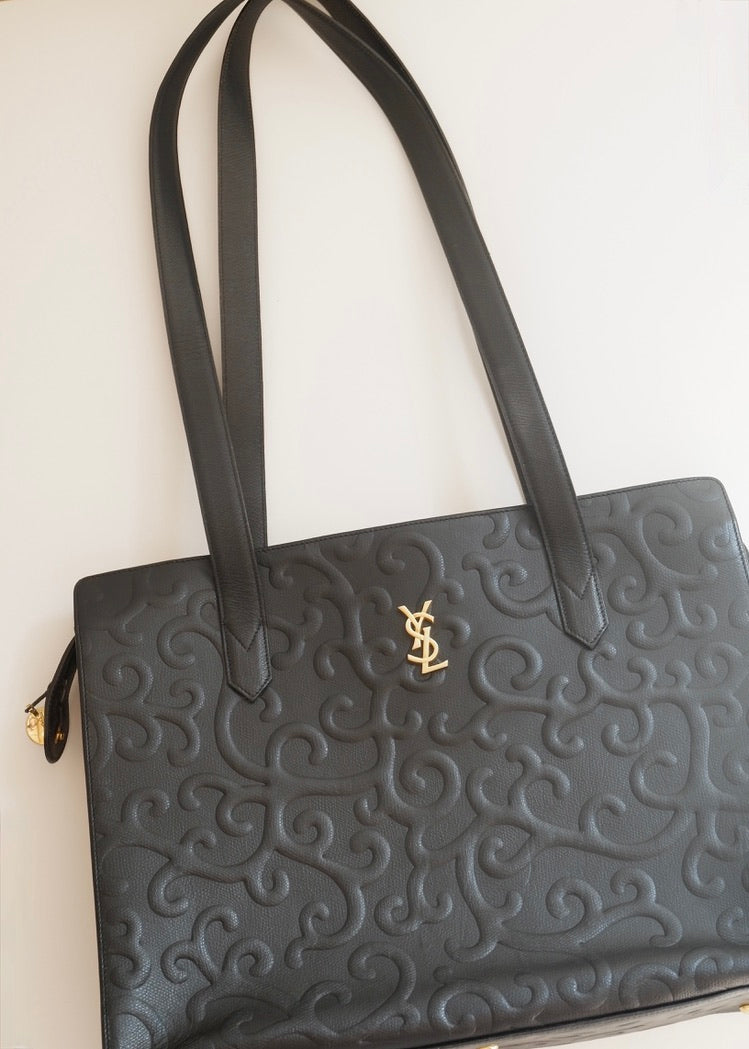 Preowned Vintage YSL Black Leather Embossed Printed Tote Bag