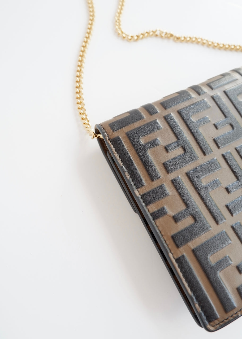 Preowned Fendi Brown Zucca Embossed Leather Wallet on Chain