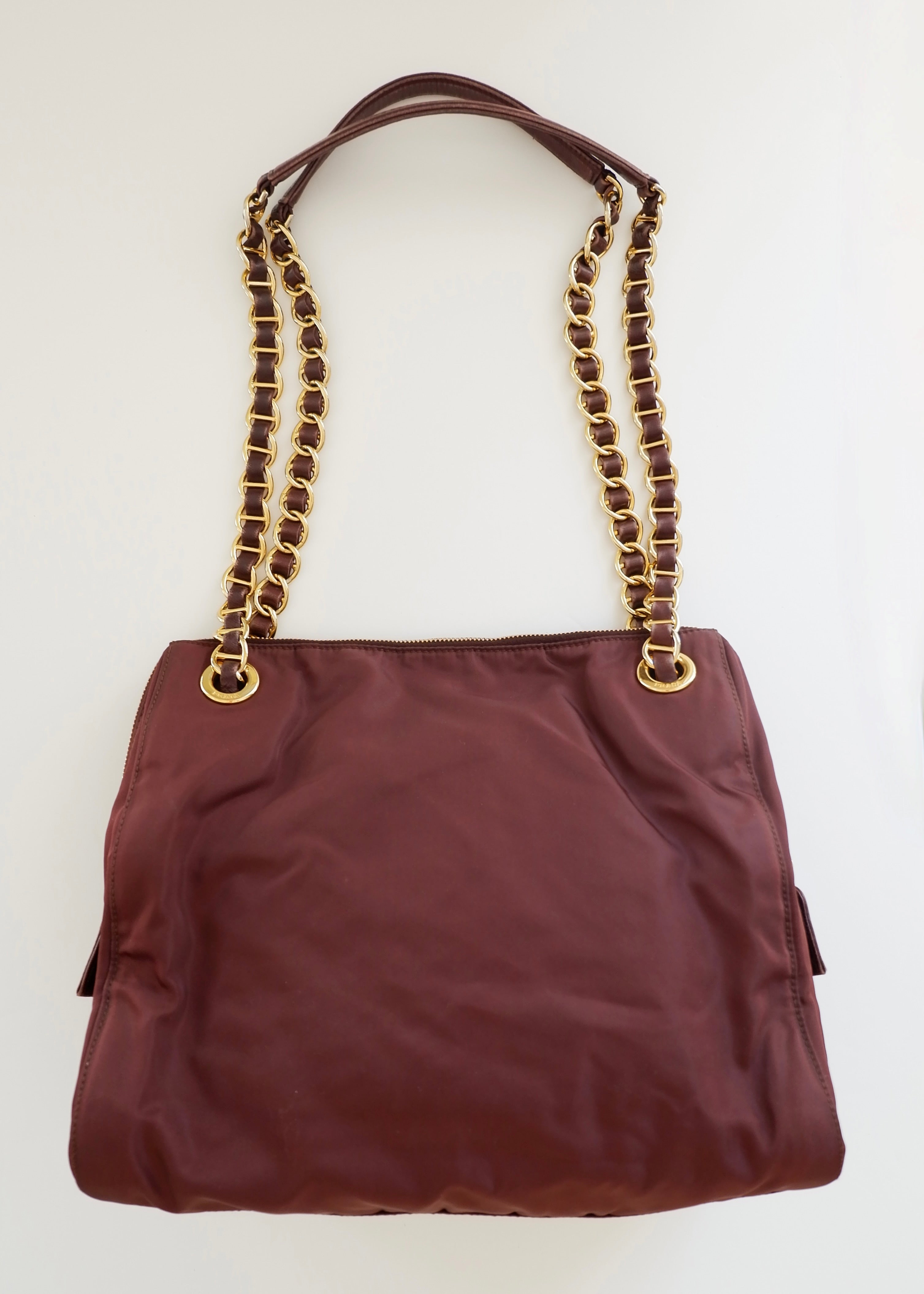 Preowned Prada Burgundy Nylon Chain Shoulder Tote