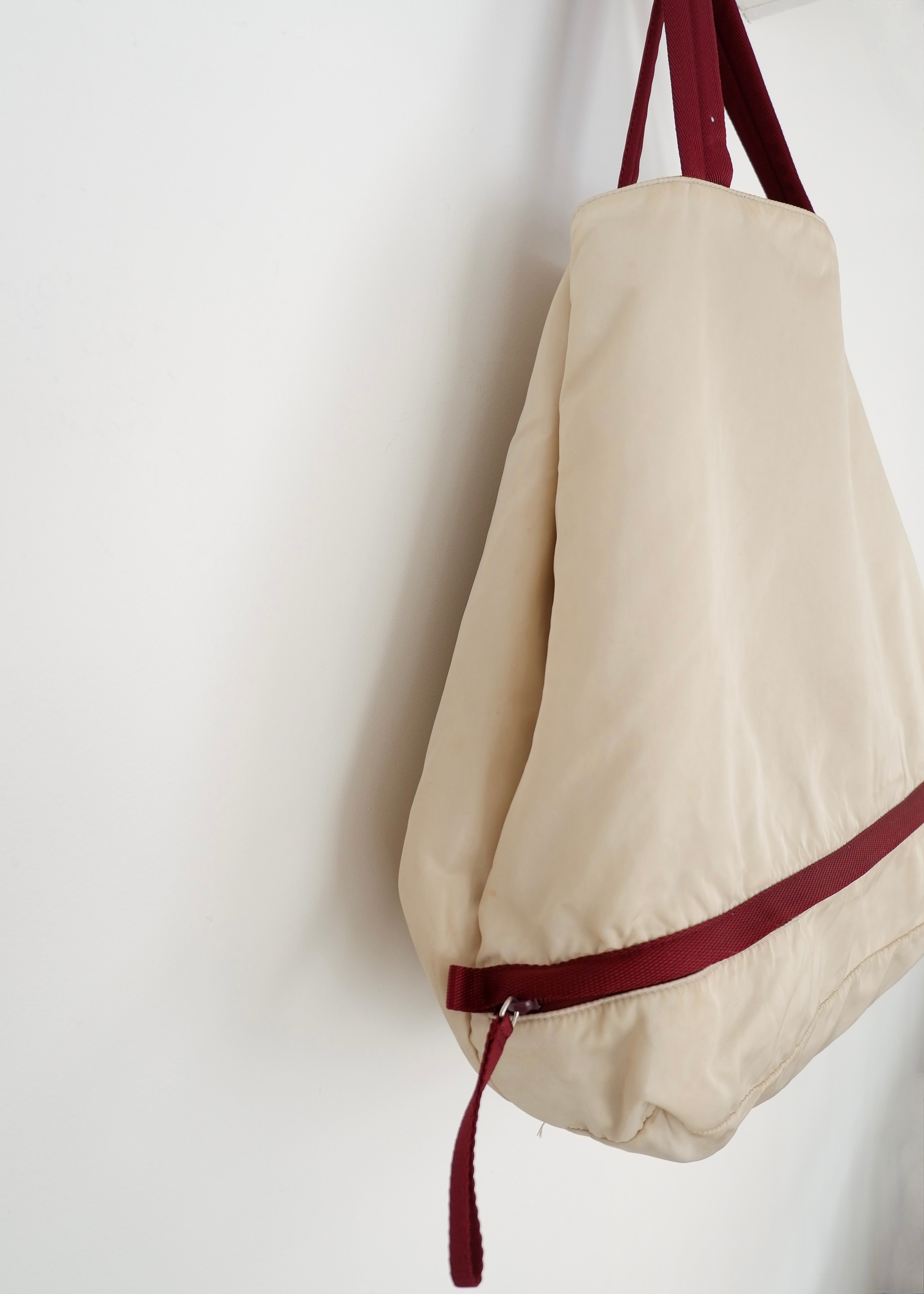 Authentic Preowned Prada Beige/ Burgundy Nylon Oversized Tote Bag