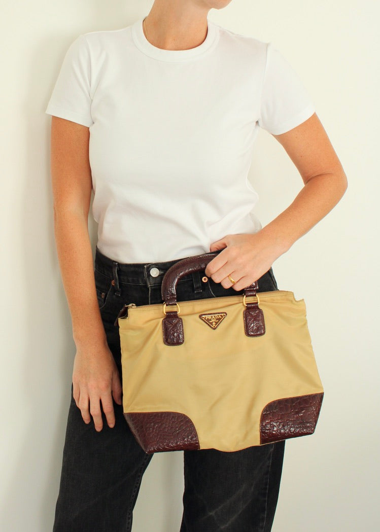 Authentic Preowned Vintage Prada Brown/Khaki Nylon/Patent Leather Handbag