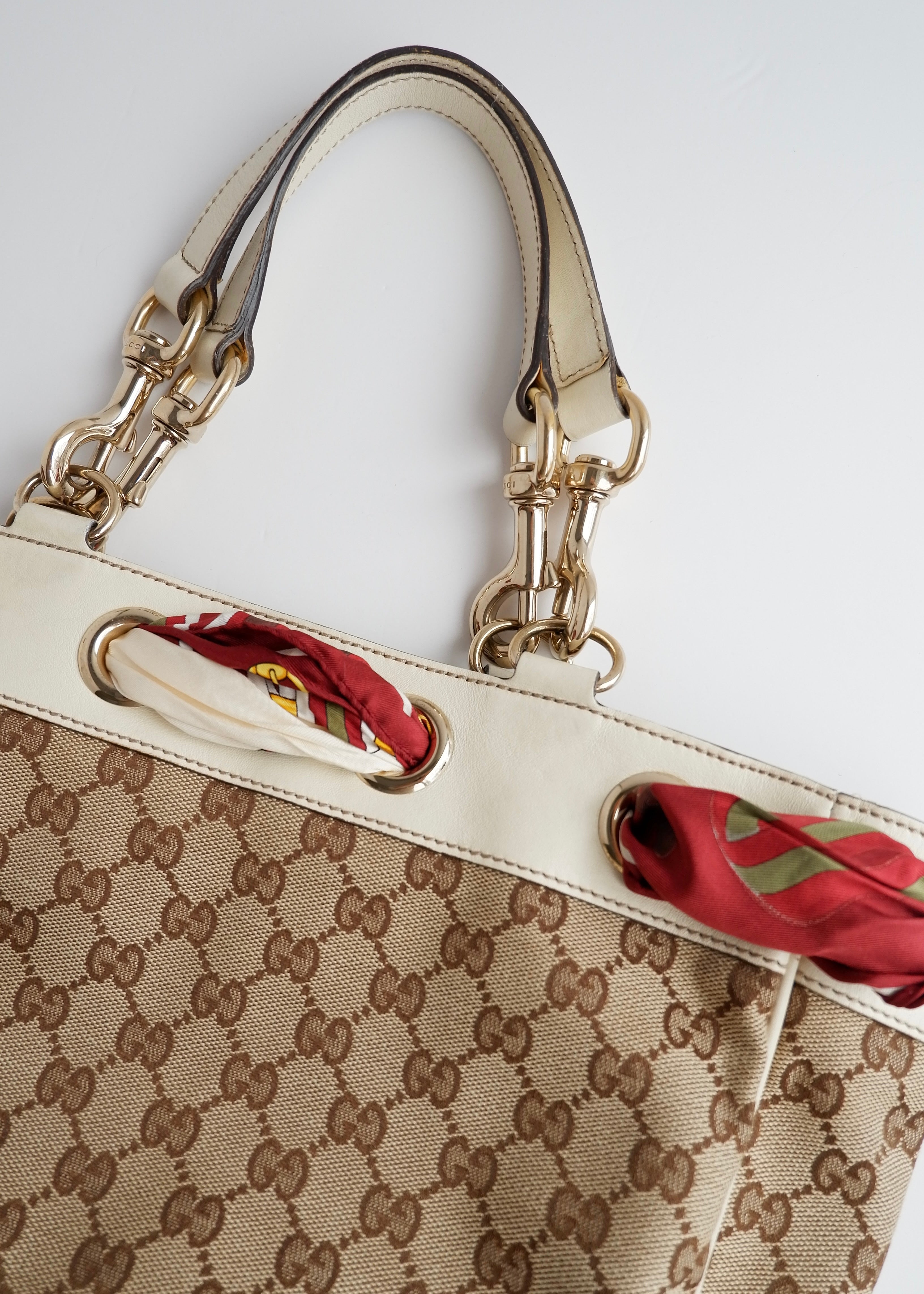 Authentic Preowned Gucci White GG Canvas/ Scarf Detail Handbag