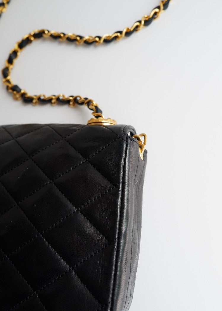 Authentic Preowned Vintage Chanel Black Lambskin Quilted Single Flap Crystal CC Logo Bag GHW