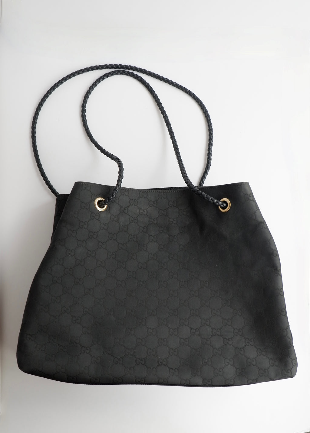 Preowned Gucci Black GG Canvas Leather Woven Strap Shoulder Tote