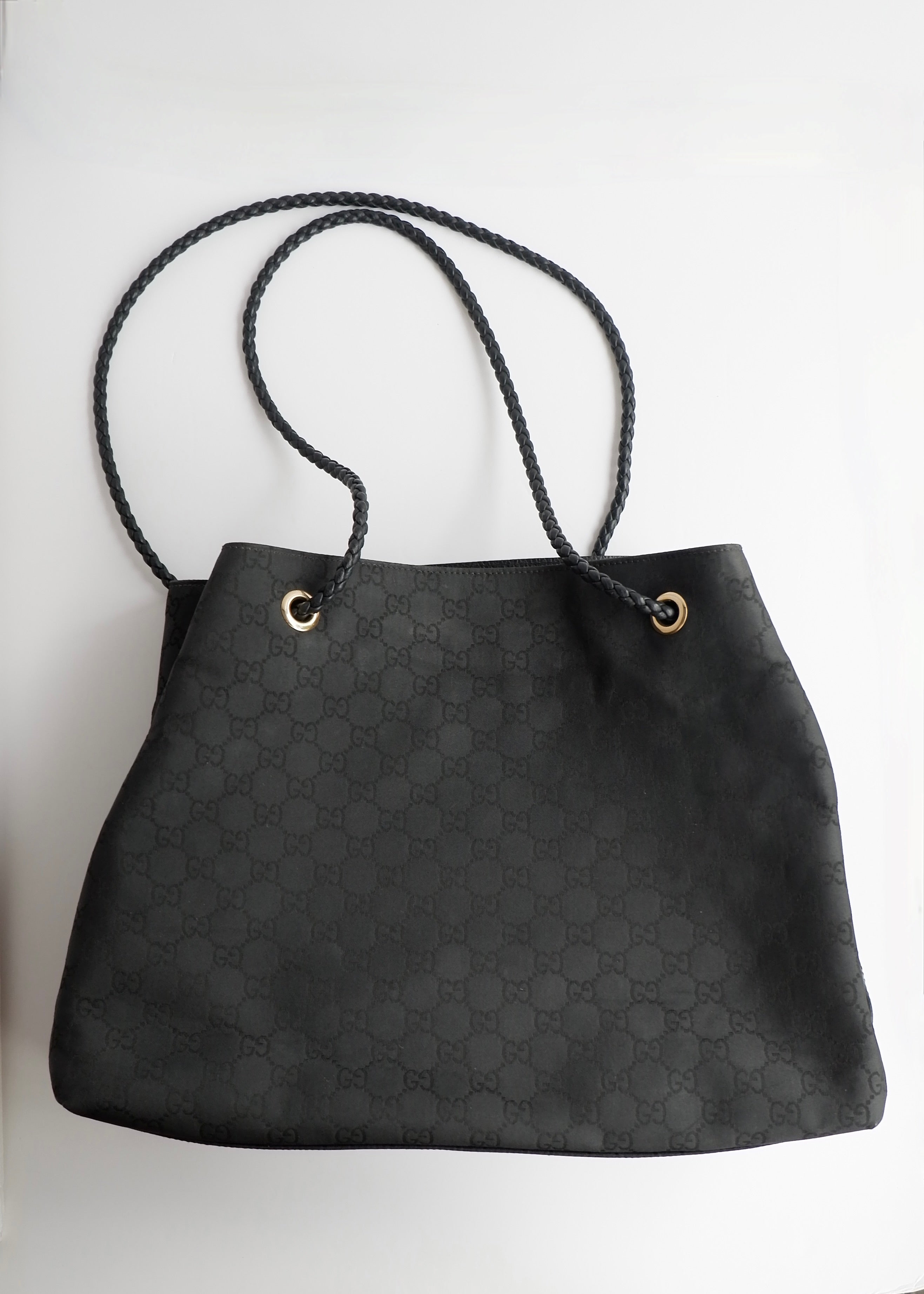 Preowned Gucci Black GG Canvas Leather Woven Strap Shoulder Tote