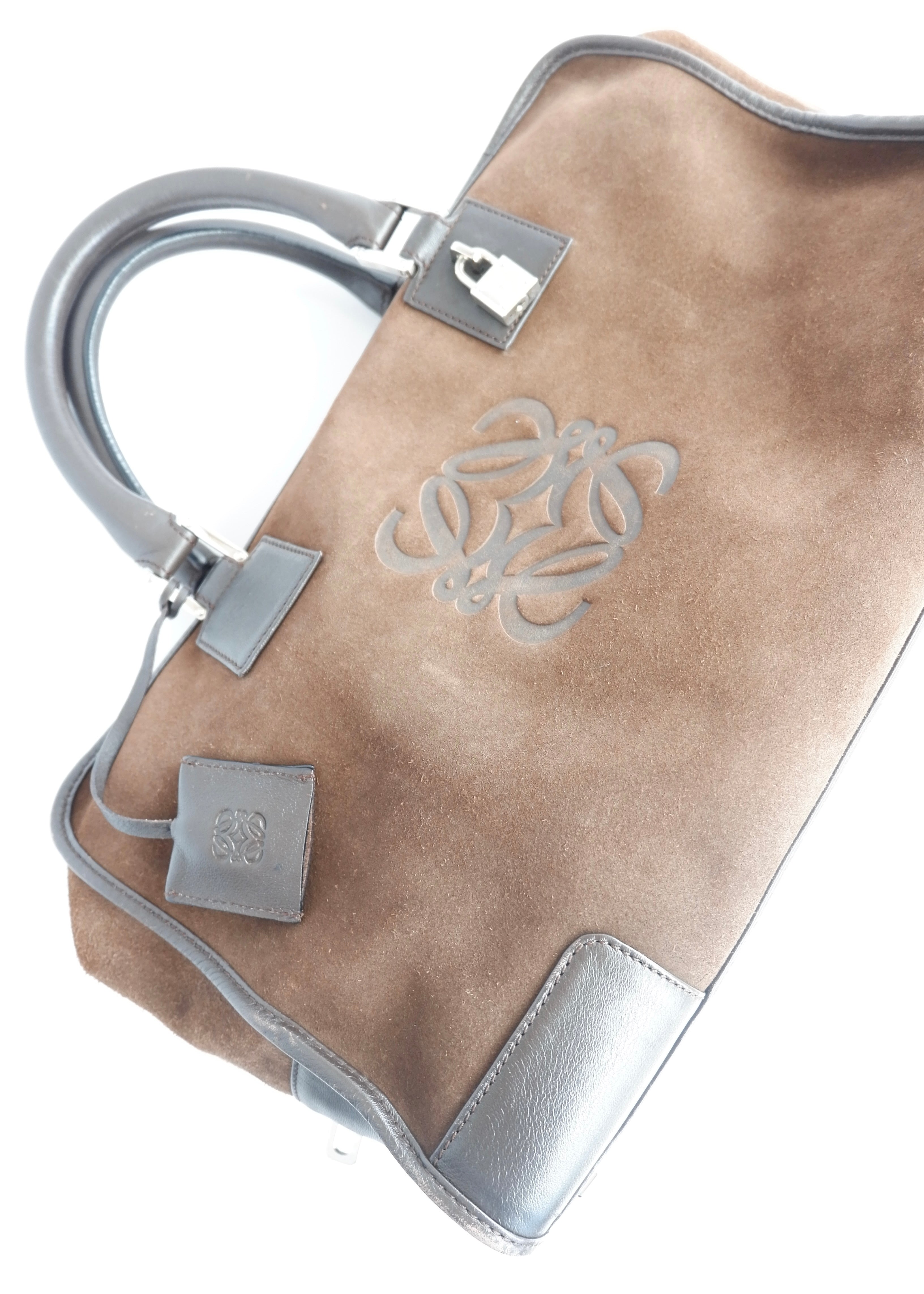Authentique Sac à main vintage Loewe Amazona en daim et cuir marron pré-adoré