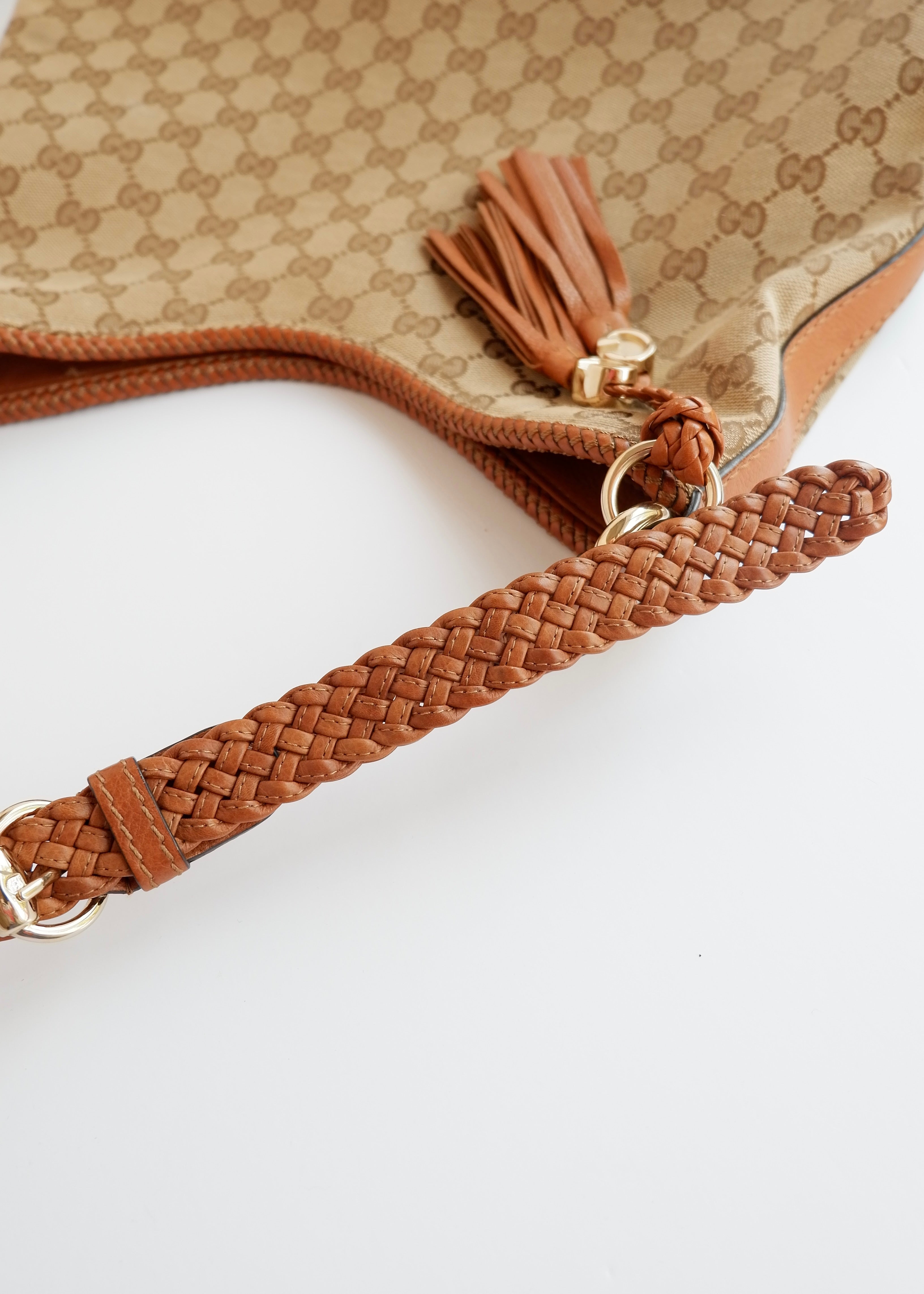 Preowned Gucci Brown GG Canvas Leather Tassel Shoulder Bag