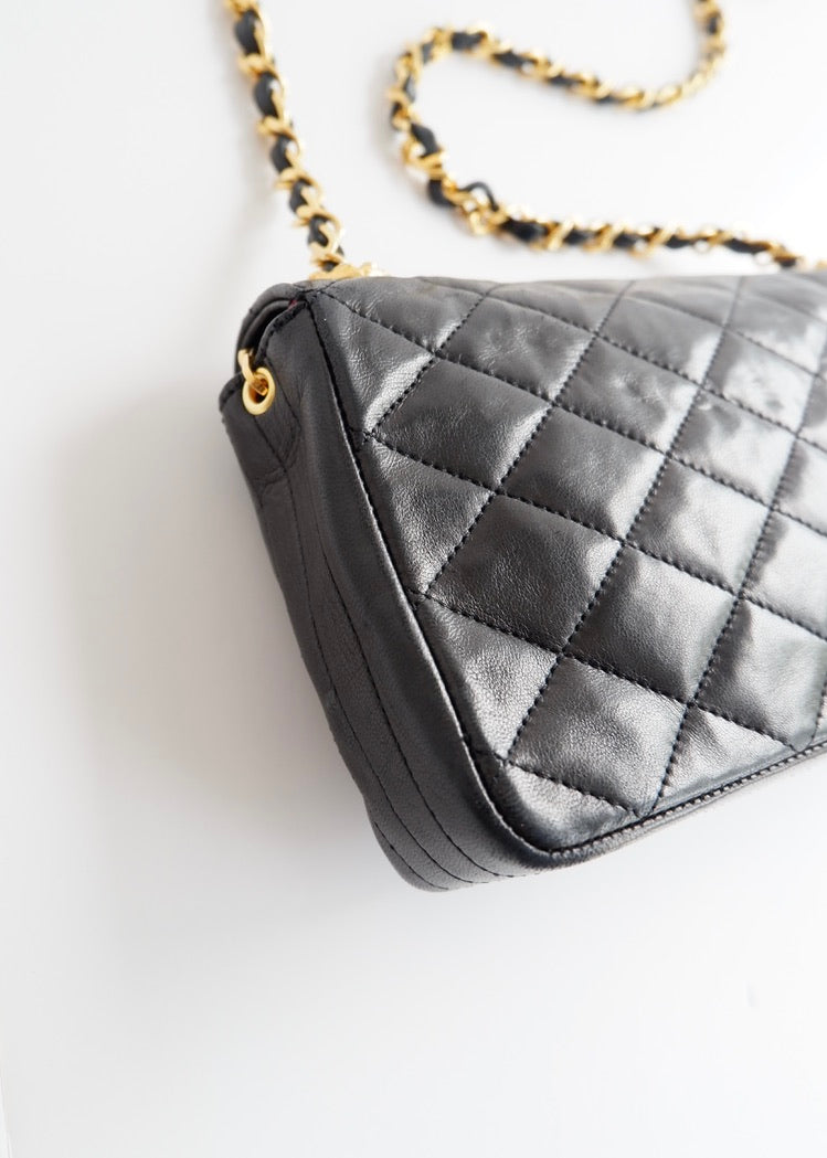 Authentic Preowned Vintage Chanel Black Lambskin Quilted Single Flap Crystal CC Logo Bag GHW