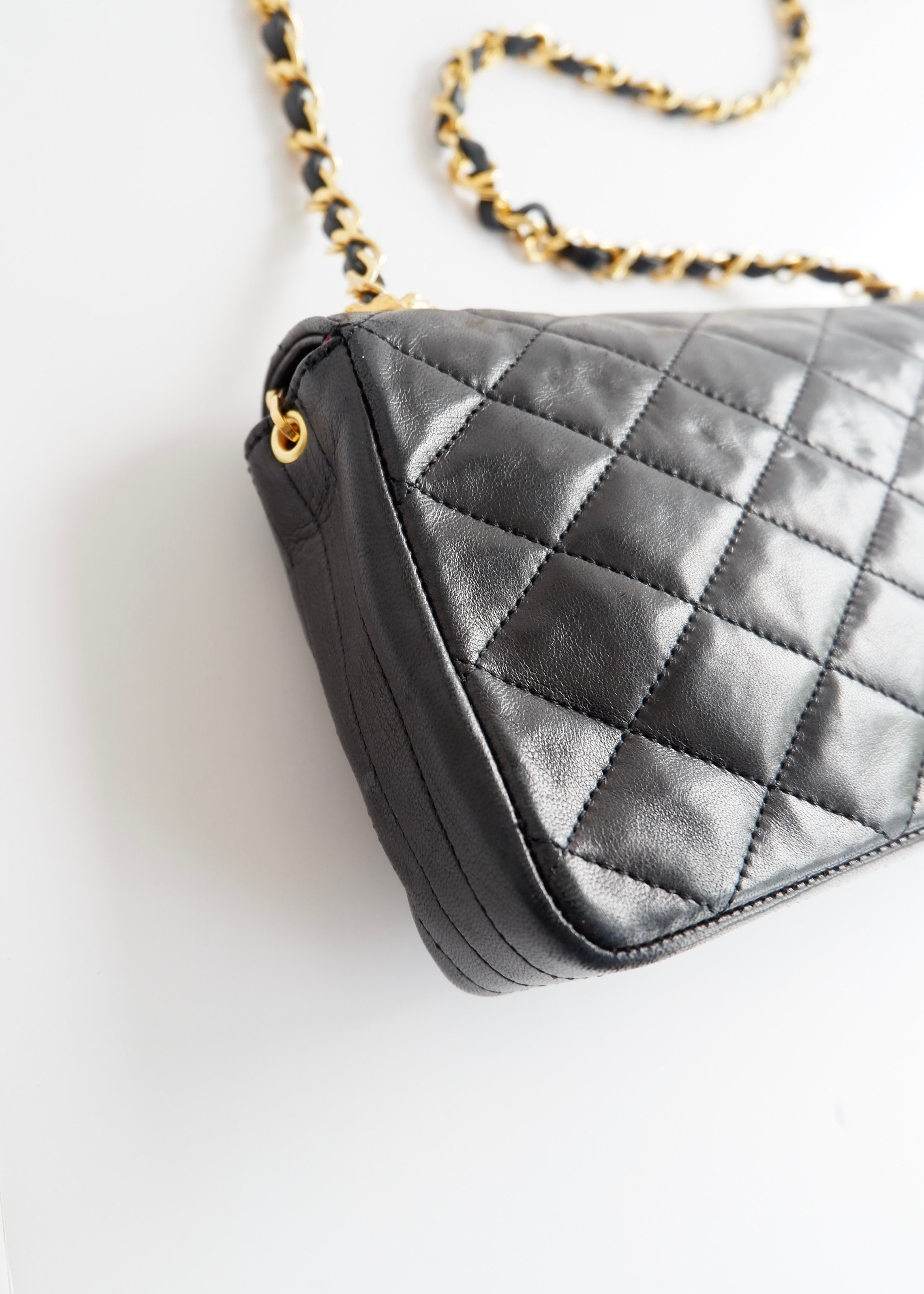 Authentic Preowned Vintage Chanel Black Lambskin Quilted Single Flap Crystal CC Logo Bag GHW