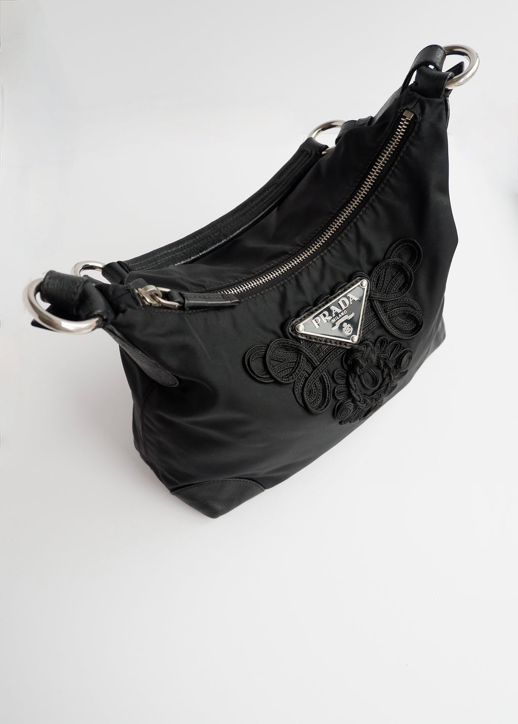 Authentic Preowned Prada Black Nylon Embroidered Hobo Shoulder Bag