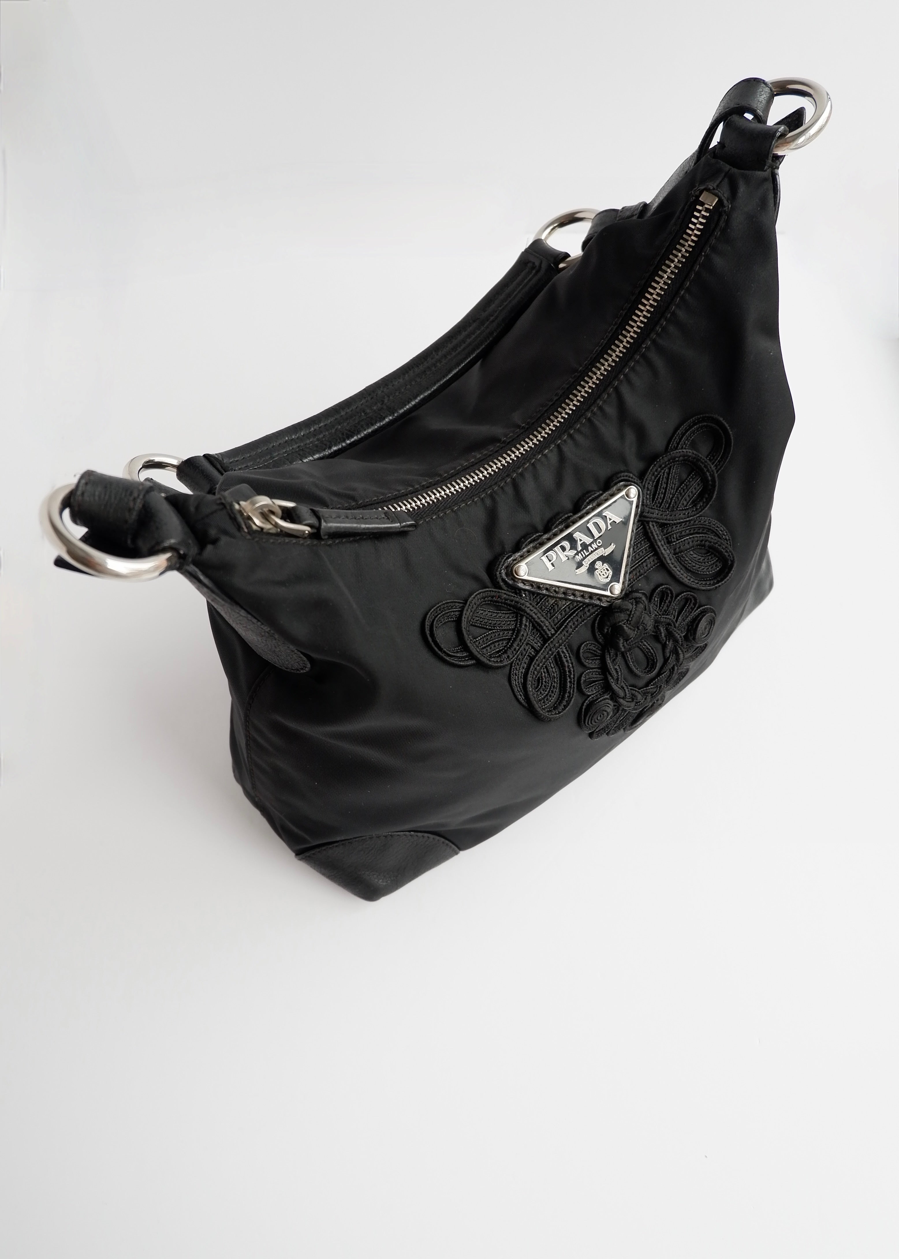 Authentic Preowned Prada Black Nylon Embroidered Hobo Shoulder Bag
