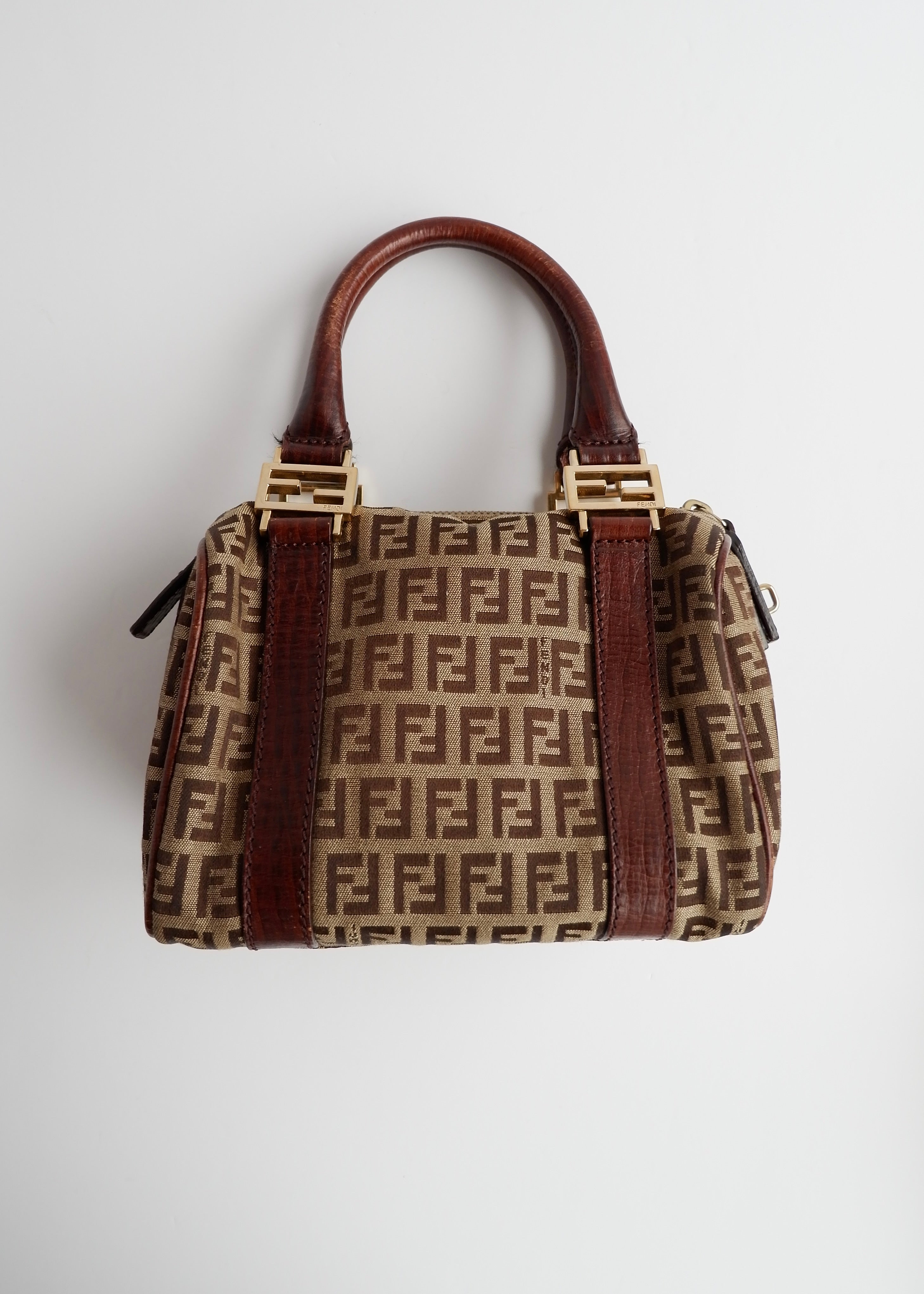 Authentique Sac Boston Fendi Zucchino Toile Marron Petit Forever Bauletto d'occasion