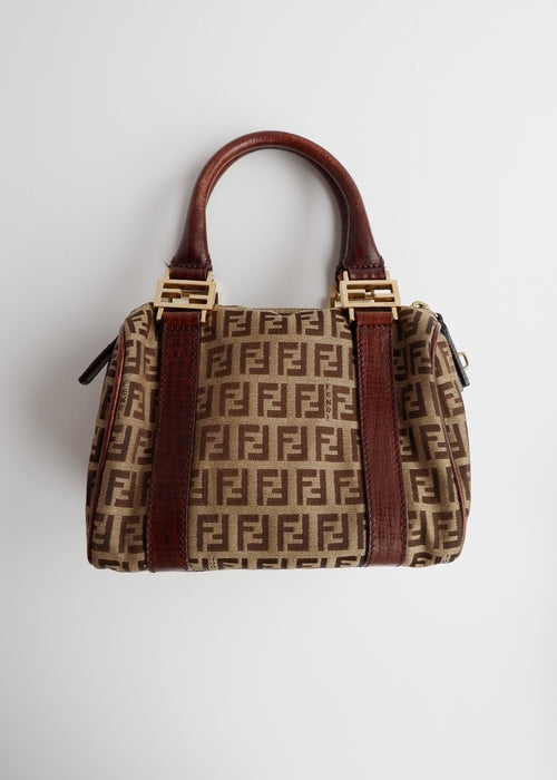 Authentique Sac Boston Fendi Zucchino Toile Marron Petit Forever Bauletto d'occasion