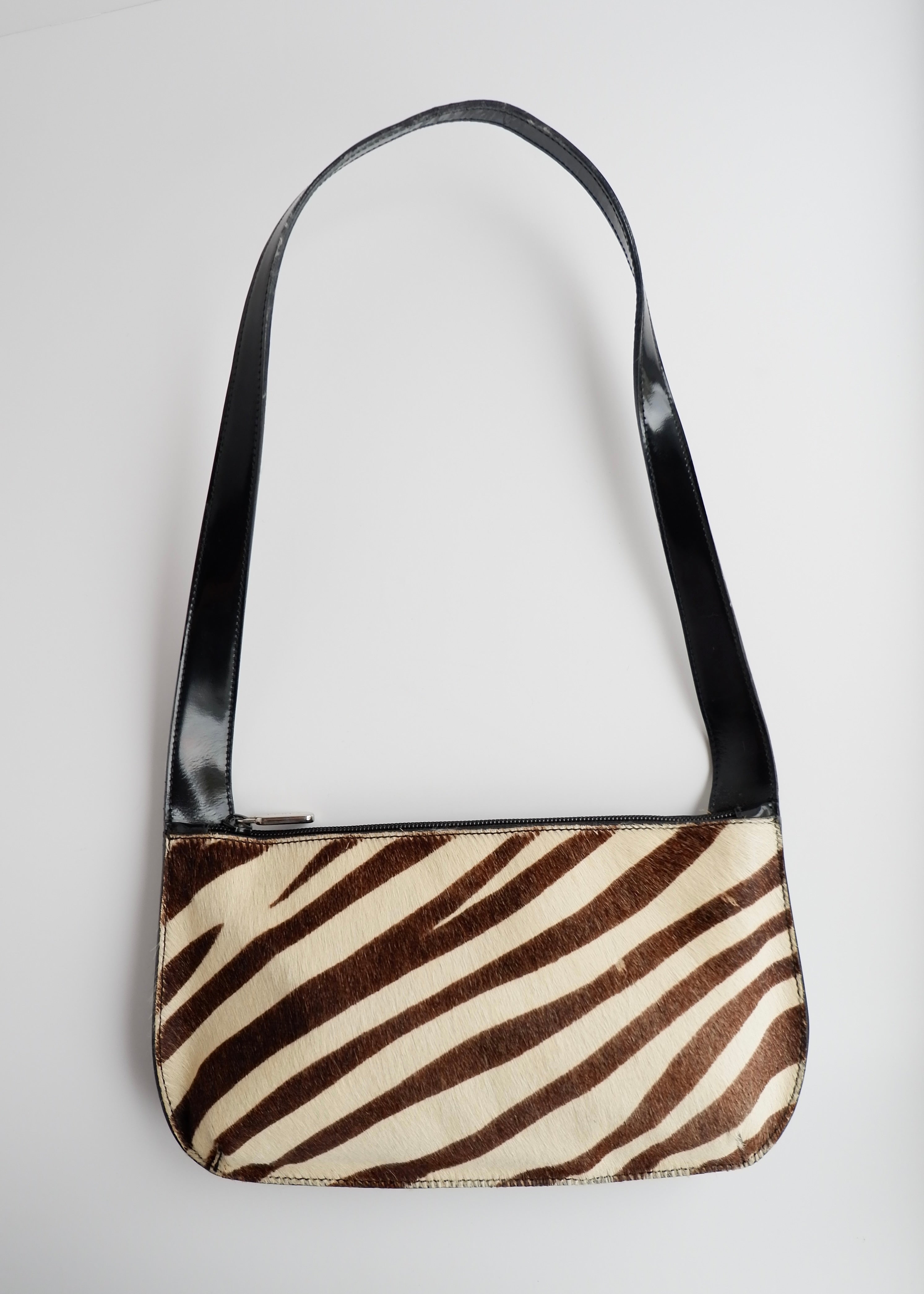 Sac Furla authentique d'occasion en cuir/poils de poney imprimé zèbre noir/marron/crème