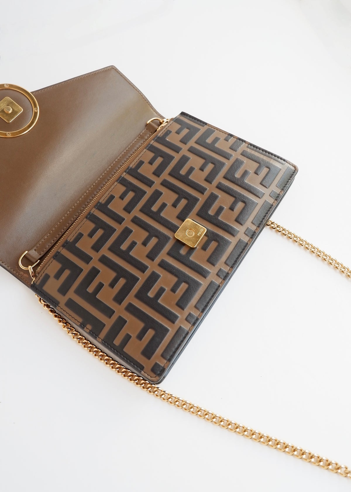 Preowned Fendi Brown Zucca Embossed Leather Wallet on Chain