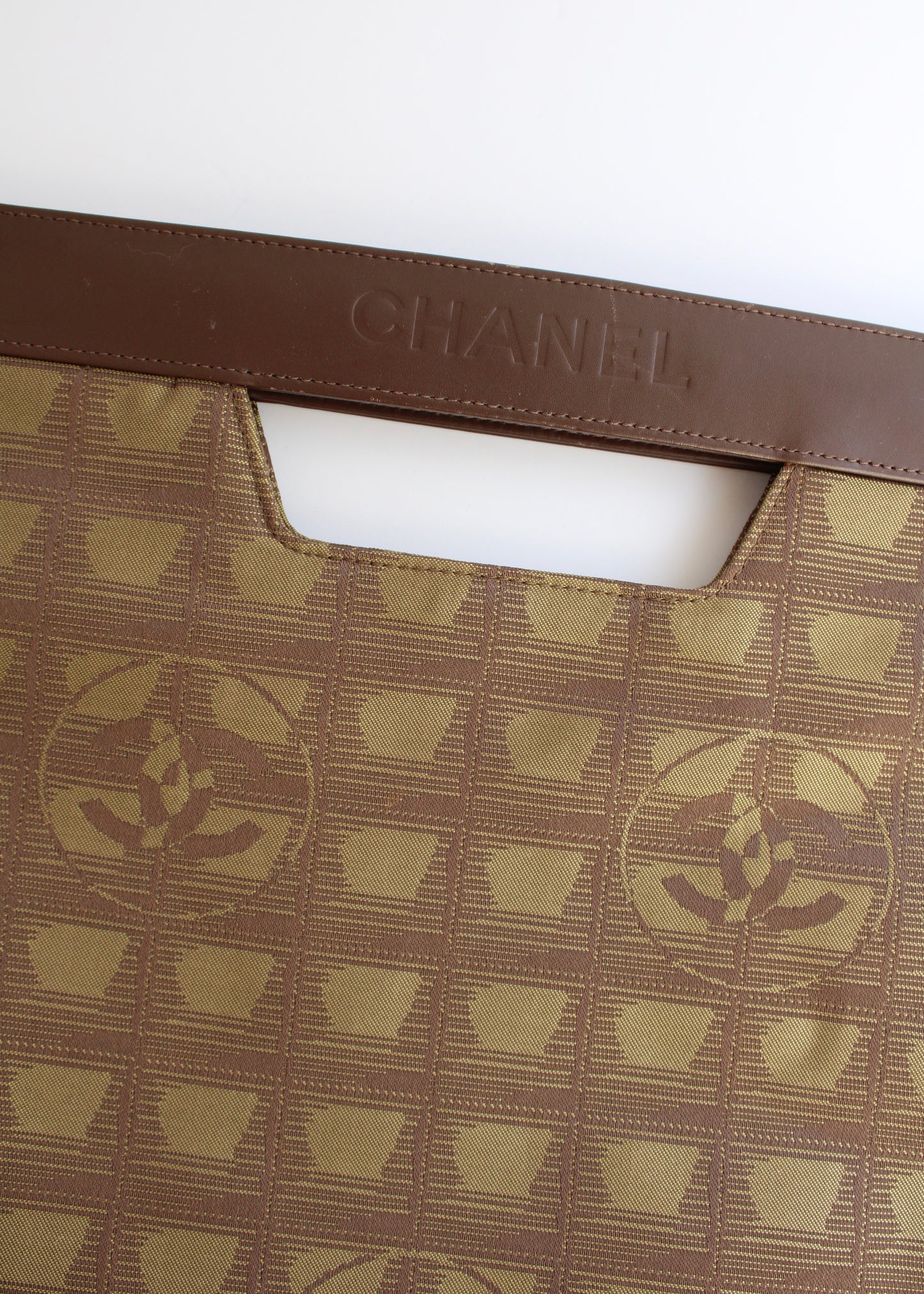 Authentic Preowned Vintage Chanel Khaki Canvas/ Leather Travel Line Clutch
