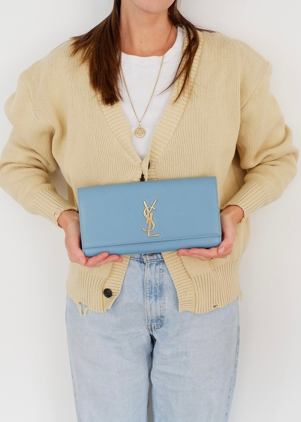 Authentic Preowned Saint Laurent Blue Leather YSL Logo Long Clutch Bag