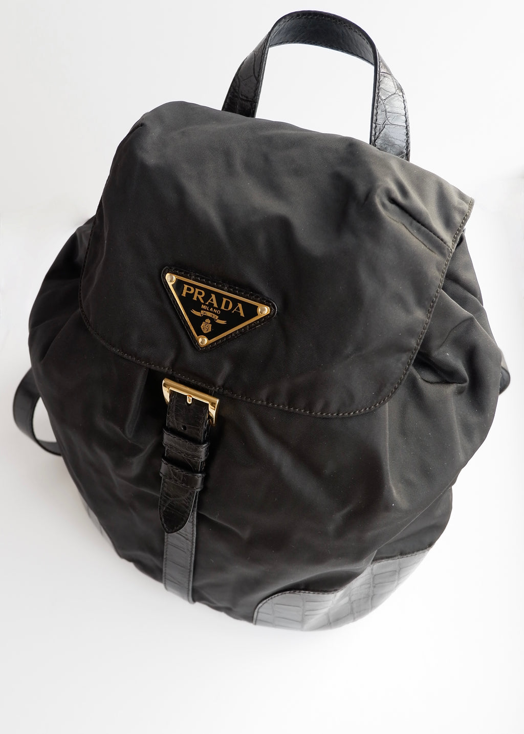 Sac à dos Prada authentique d'occasion en nylon et cuir noir