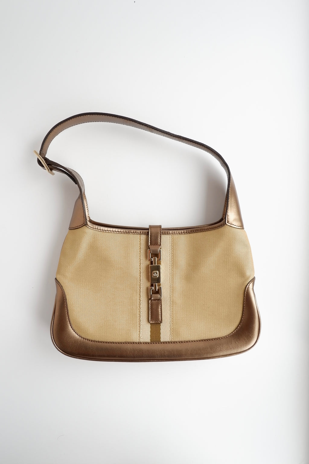 Authentique Sac Jackie Gucci d'occasion en Toile et Cuir Doré/Beige