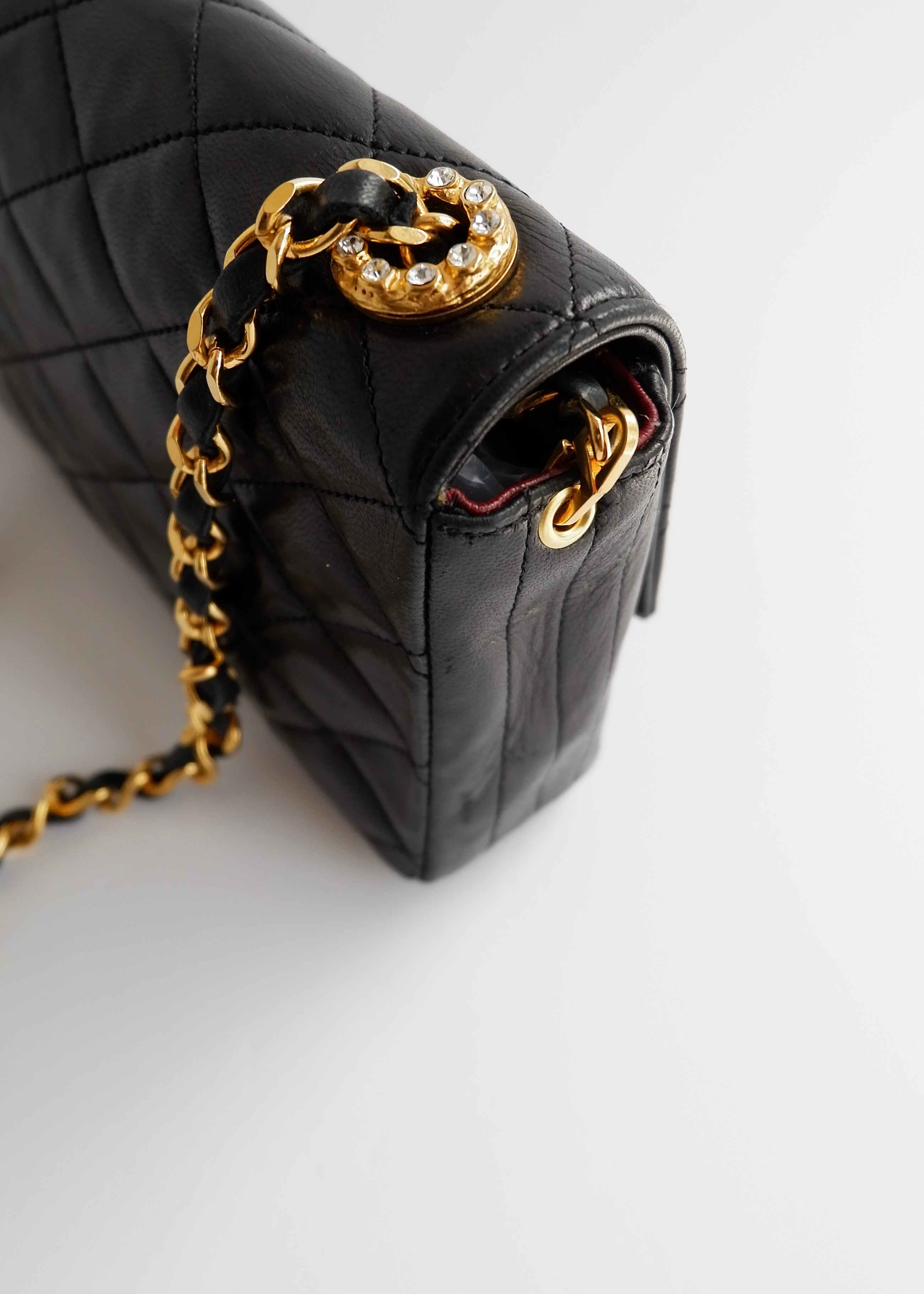 Authentic Preowned Vintage Chanel Black Lambskin Quilted Single Flap Crystal CC Logo Bag GHW