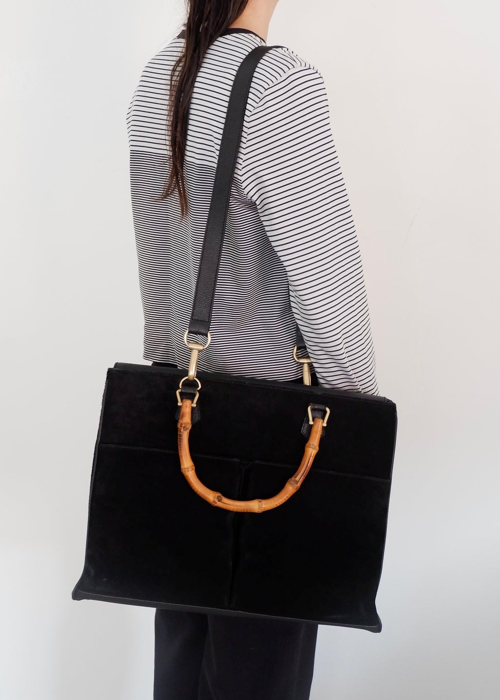 Authentic Preowned Vintage Gucci Black Suede/Leather Bamboo Two Way Tote