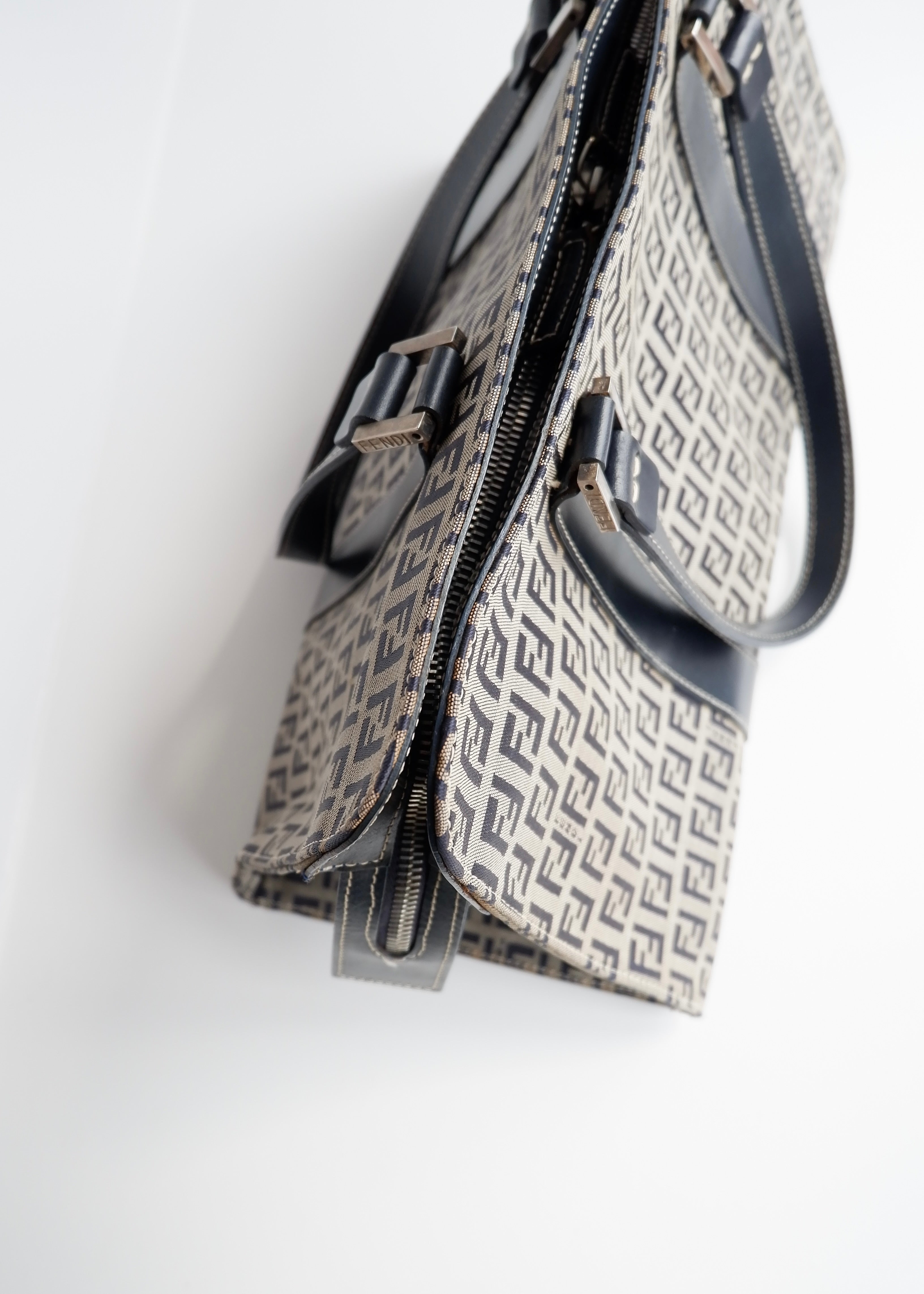 Authentic Preowned Vintage Fendi Navy Zucchino East West Shoulder Bag