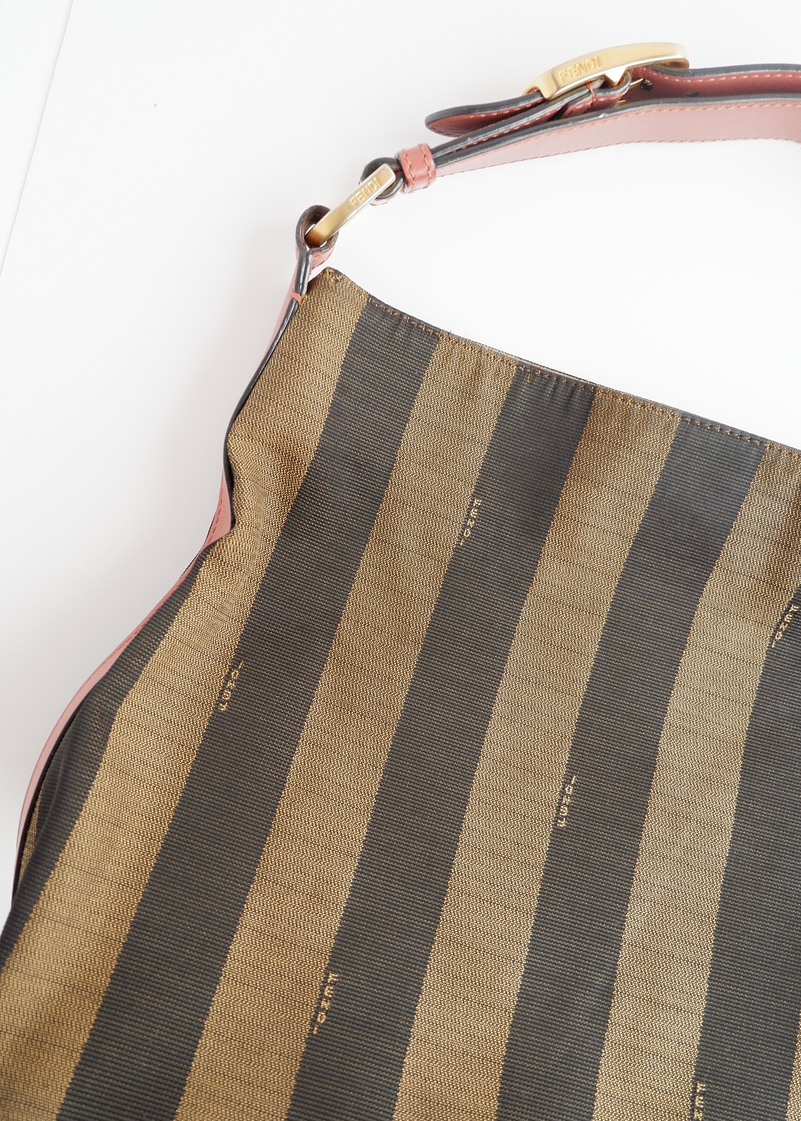 Authentic Preowned Fendi Brown/ Rose Canvas/ Leather Pequin Shoulder Bag