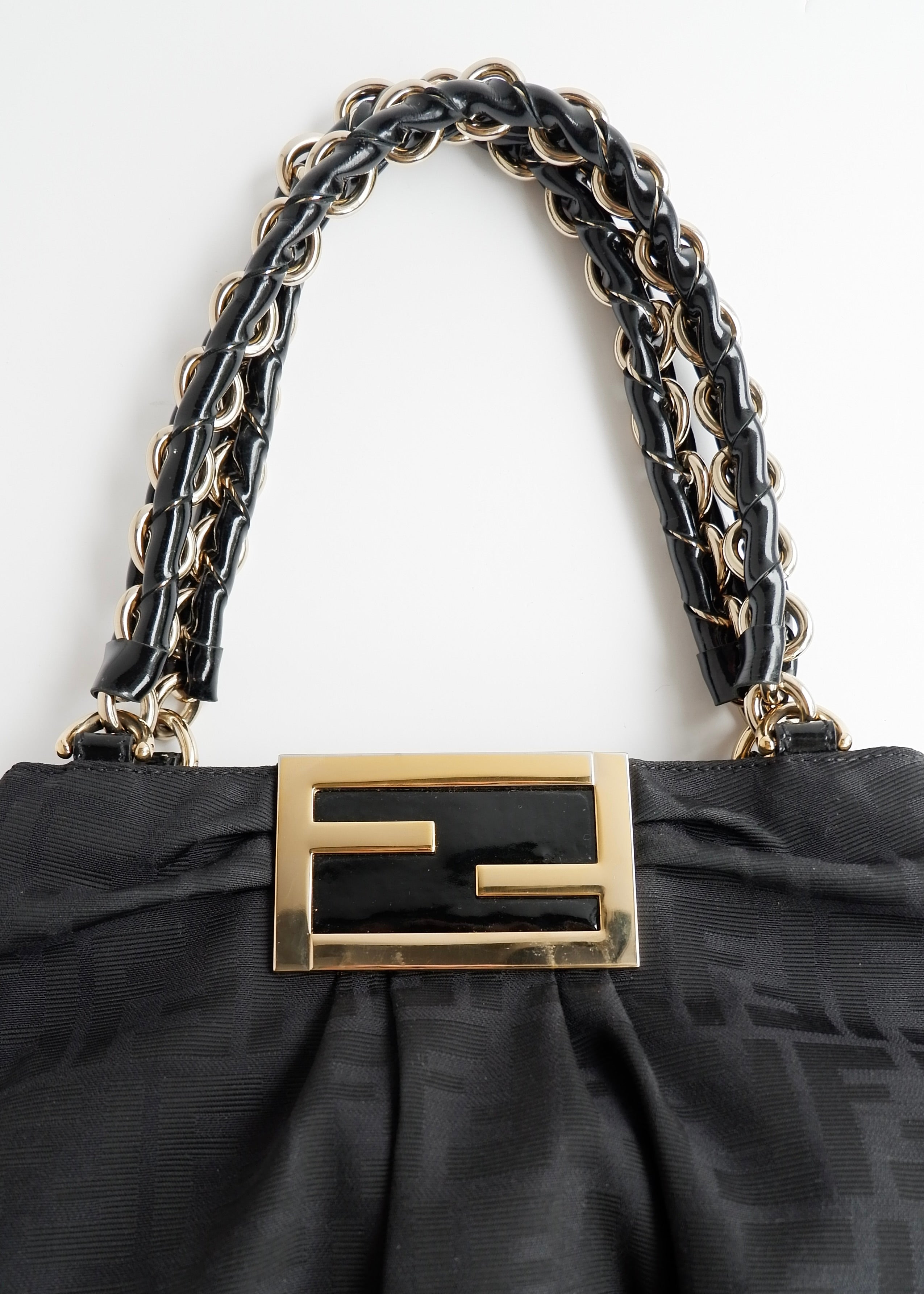 Preowned Fendi Black Zucca Print Gold FF Logo Shoulder Bag
