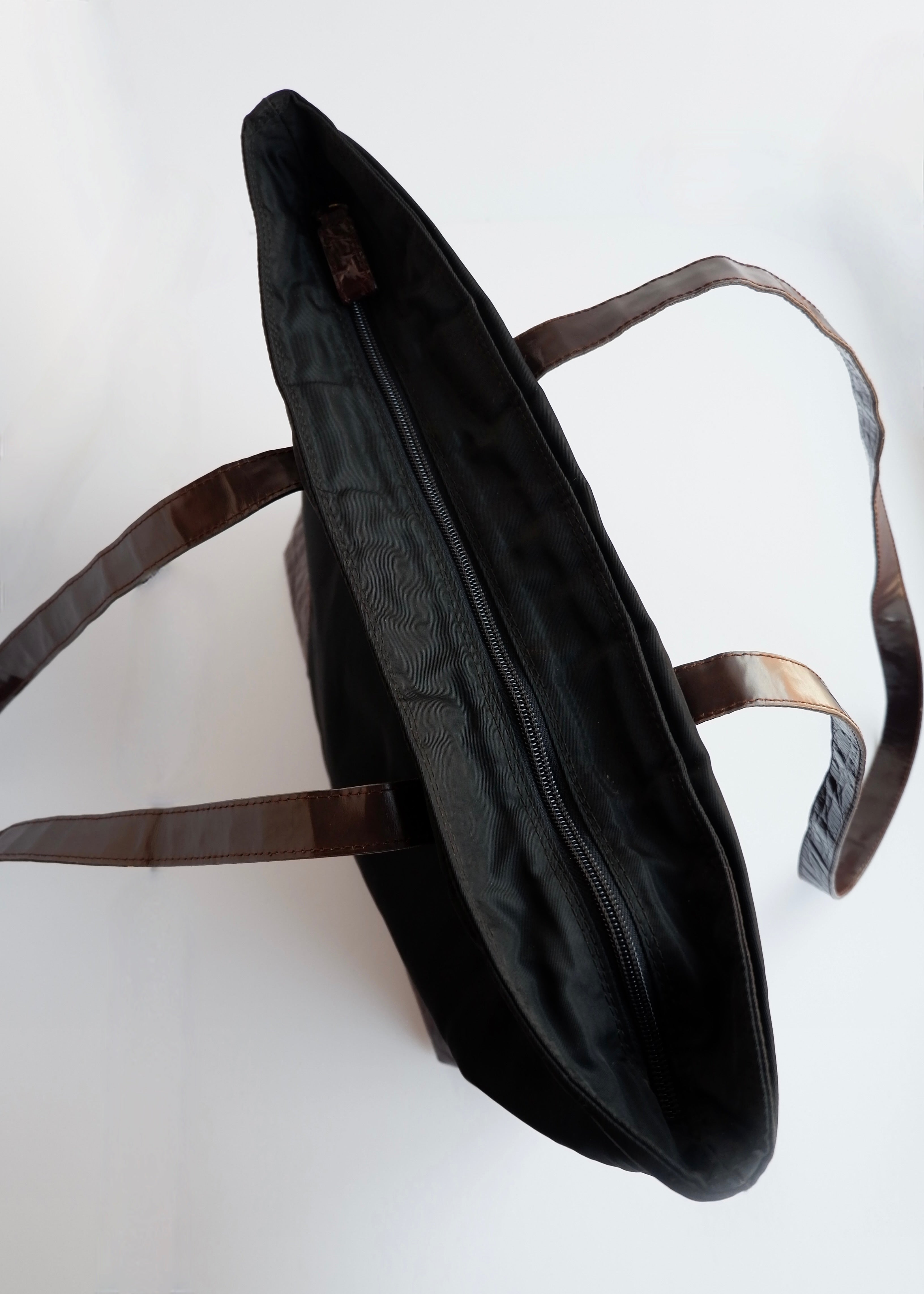 Authentic Preowned Prada Black/ Burgundy Nylon/Patent Leather Long Strap Tote Bag