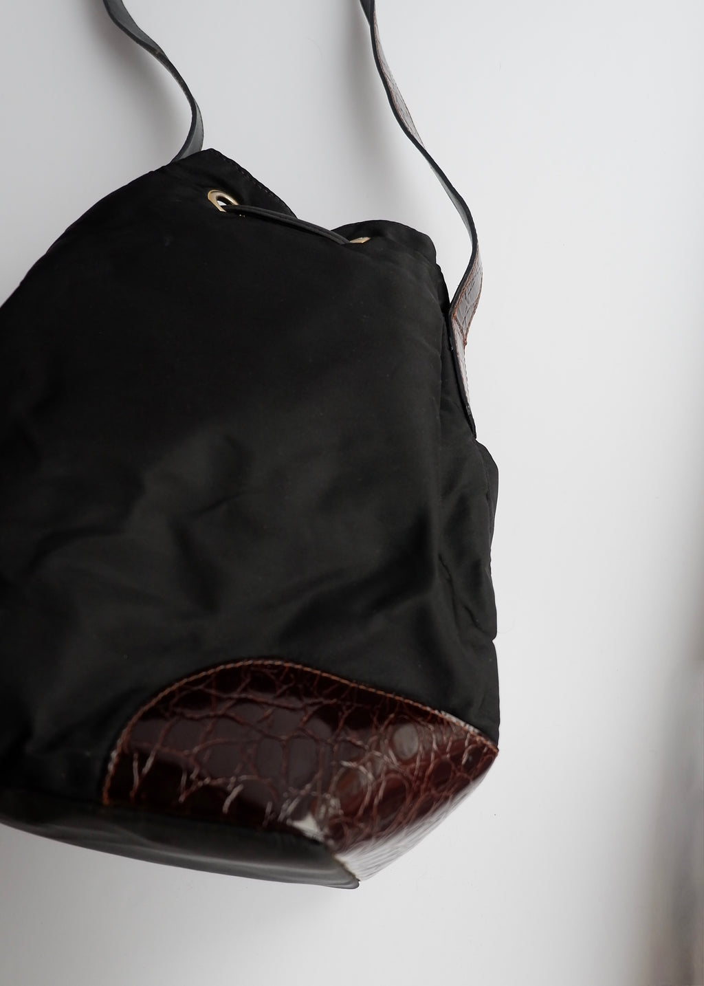 Authentic Preowned Prada Black/Brown Nylon/Leather Bucket Shoulder Bag