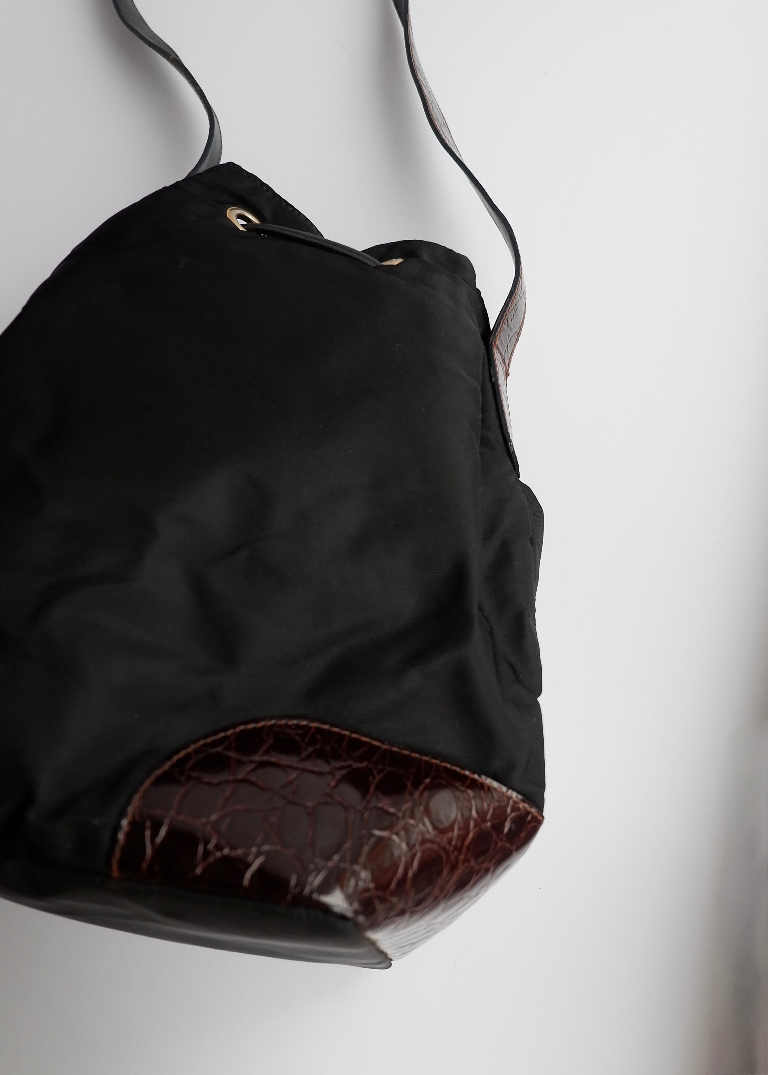 Authentic Preowned Prada Black/Brown Nylon/Leather Bucket Shoulder Bag
