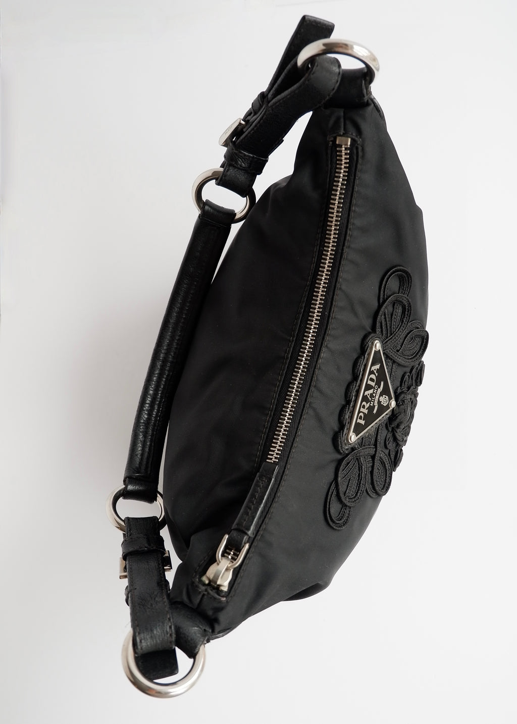 Authentic Preowned Prada Black Nylon Embroidered Hobo Shoulder Bag