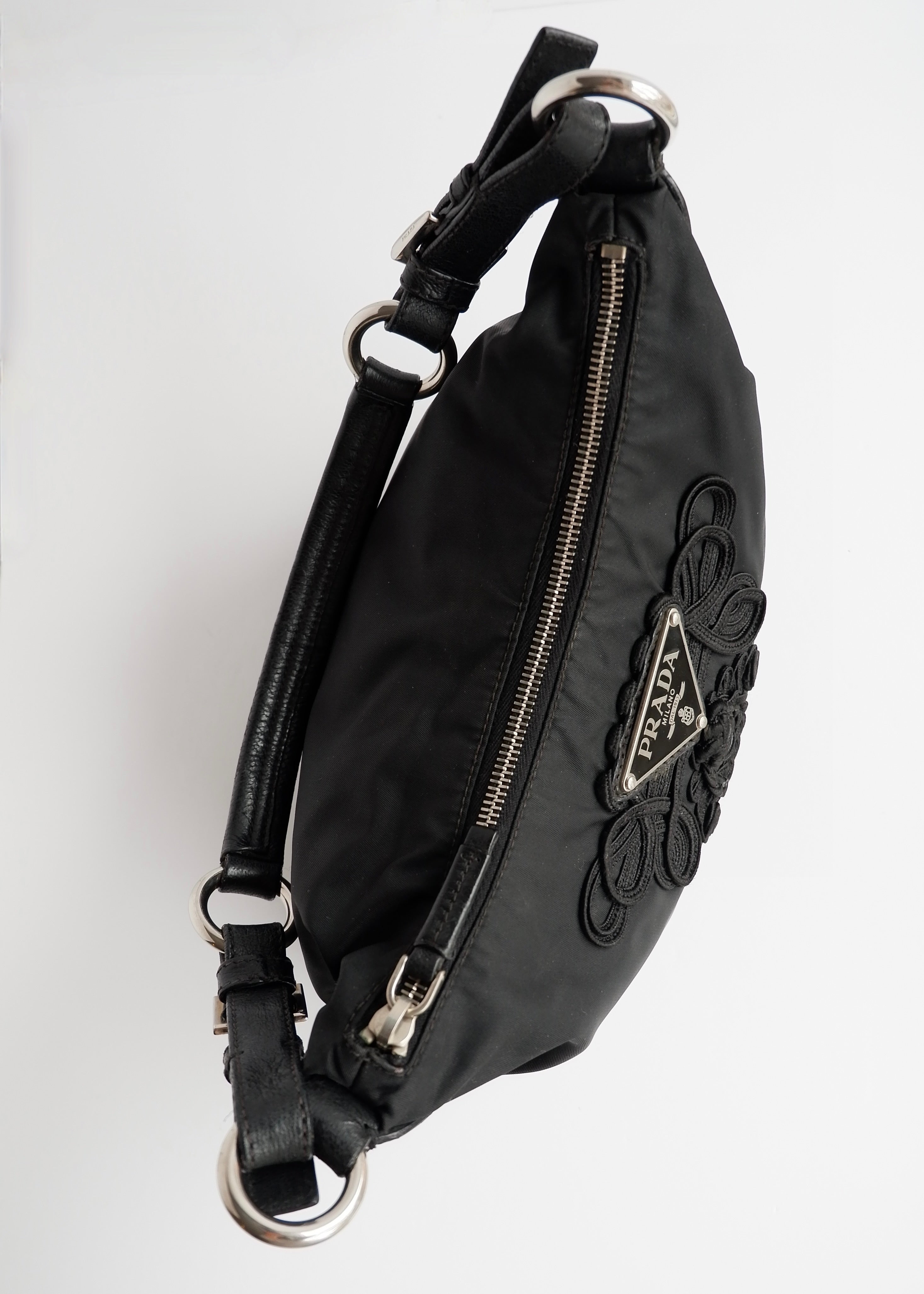 Authentic Preowned Prada Black Nylon Embroidered Hobo Shoulder Bag