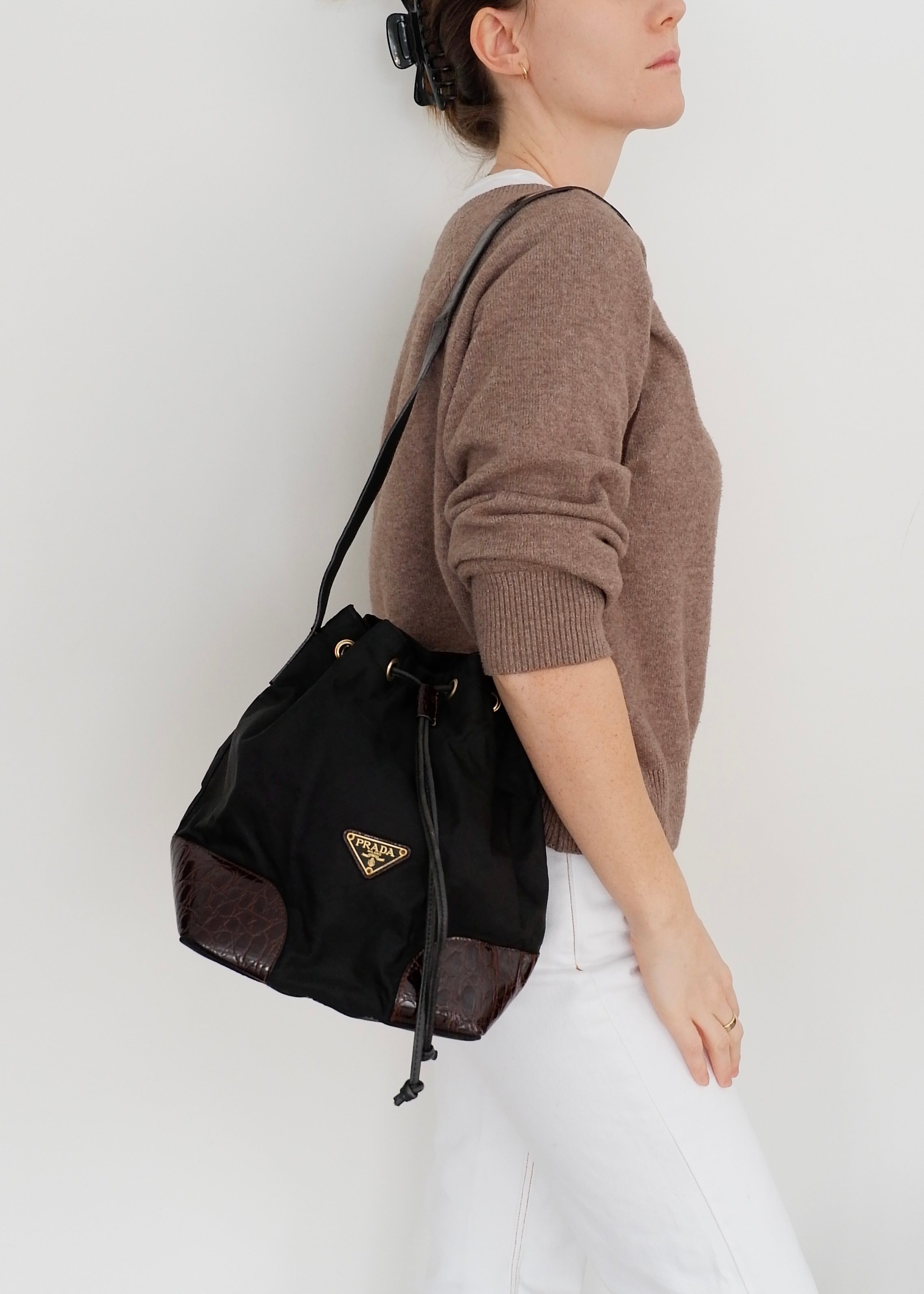 Authentic Preowned Prada Black/Brown Nylon/Leather Bucket Shoulder Bag