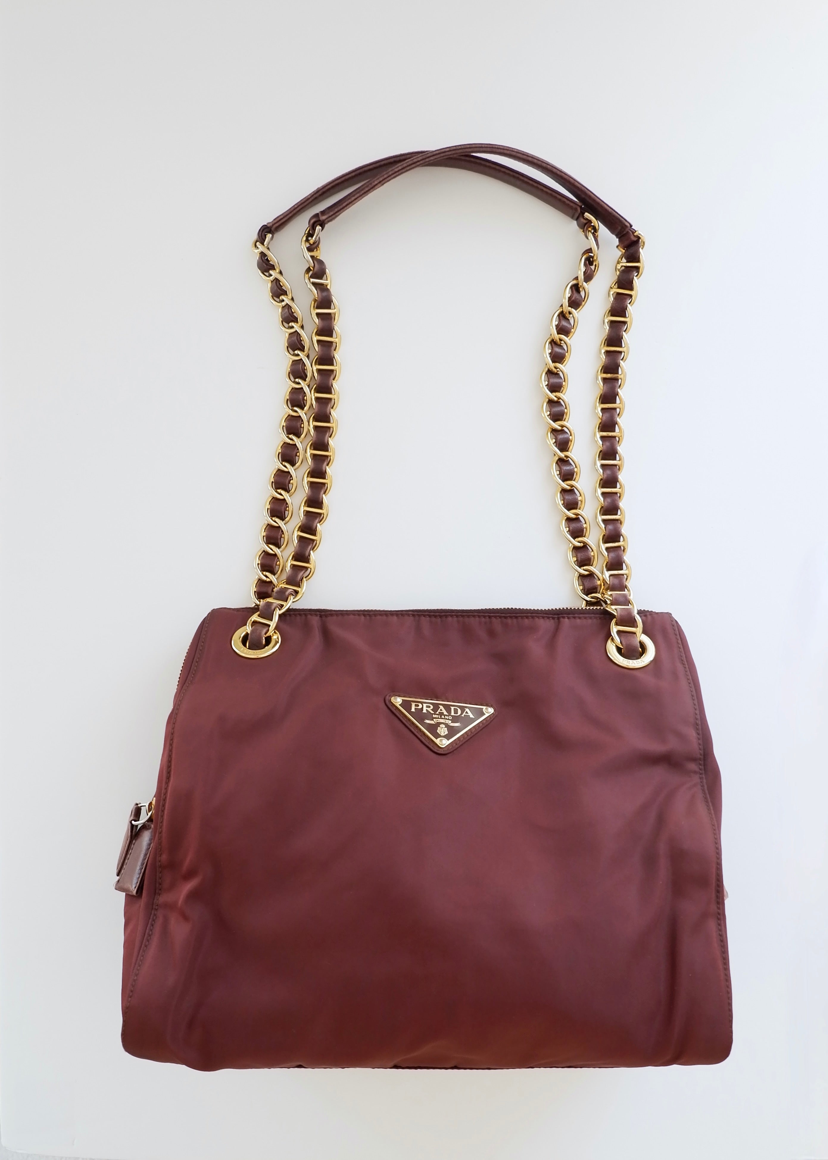Preowned Prada Burgundy Nylon Chain Shoulder Tote