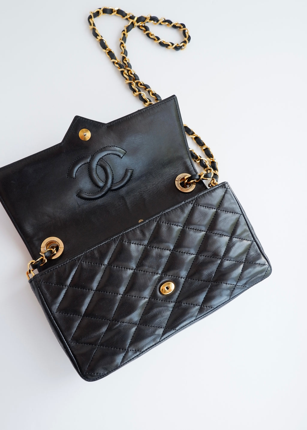 Authentic Preowned Vintage Chanel Black Lambskin Quilted Single Flap Crystal CC Logo Bag GHW