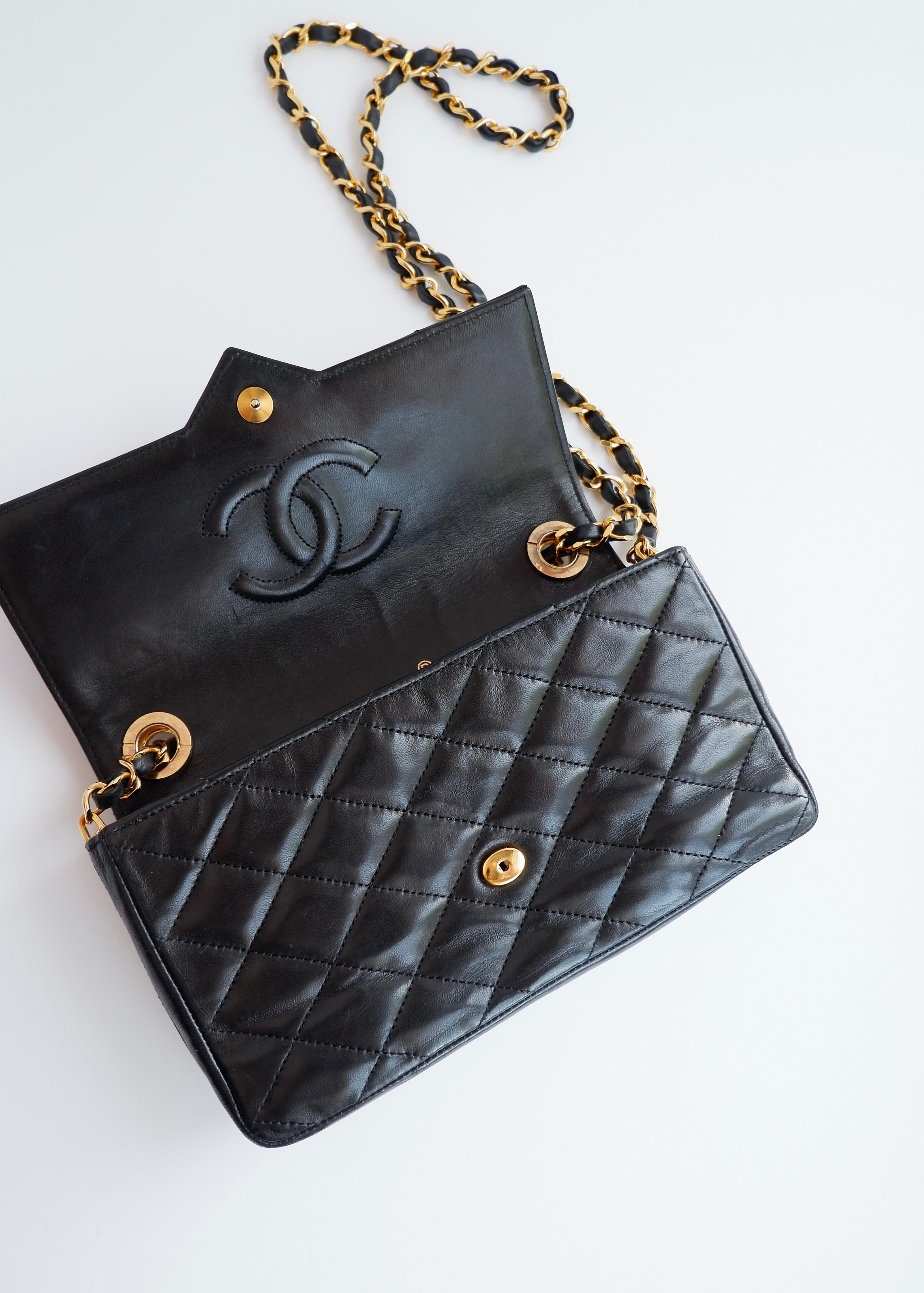 Authentic Preowned Vintage Chanel Black Lambskin Quilted Single Flap Crystal CC Logo Bag GHW