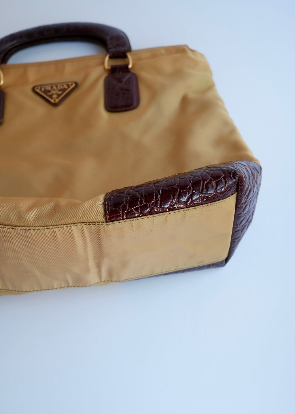 Authentic Preowned Vintage Prada Brown/Khaki Nylon/Patent Leather Handbag