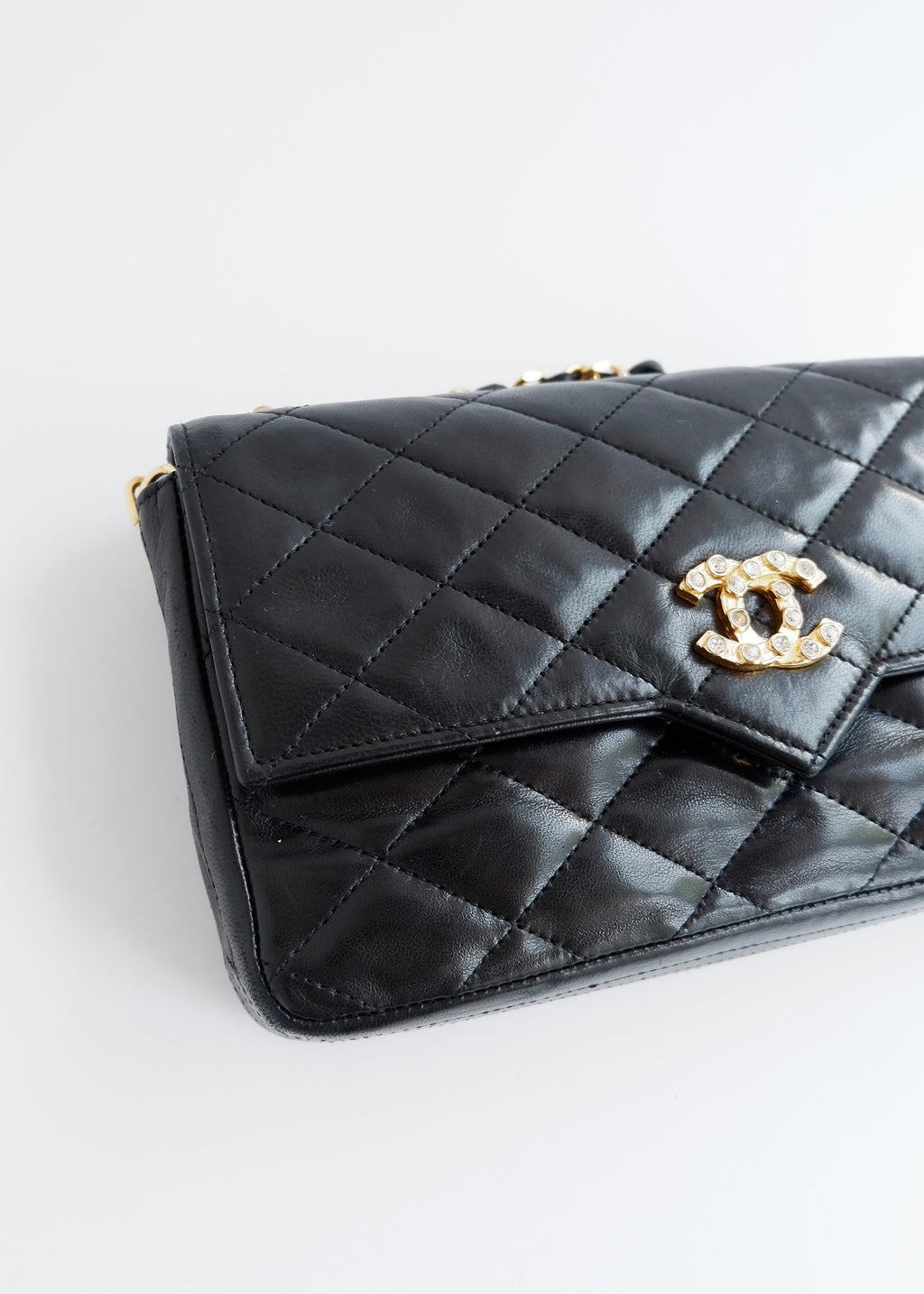 Authentic Preowned Vintage Chanel Black Lambskin Quilted Single Flap Crystal CC Logo Bag GHW