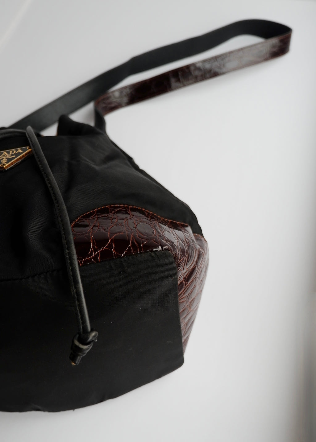 Authentic Preowned Prada Black/Brown Nylon/Leather Bucket Shoulder Bag